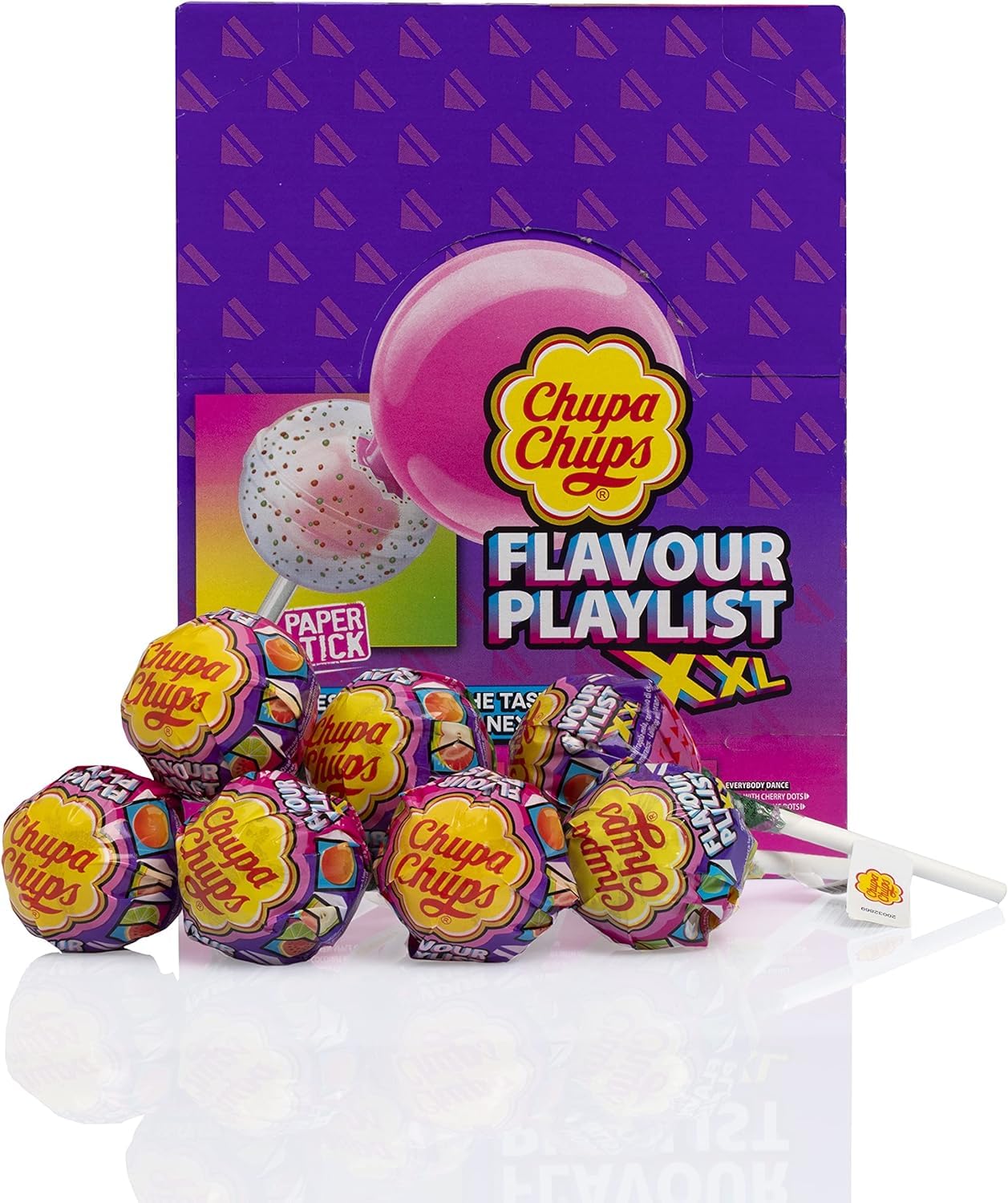 Chupa Chups XXL, Flavour Playlist Caramelo relleno de Chicle con Palo de Sabores Variados, Display de 60 unidades de 29gr. Ichuches