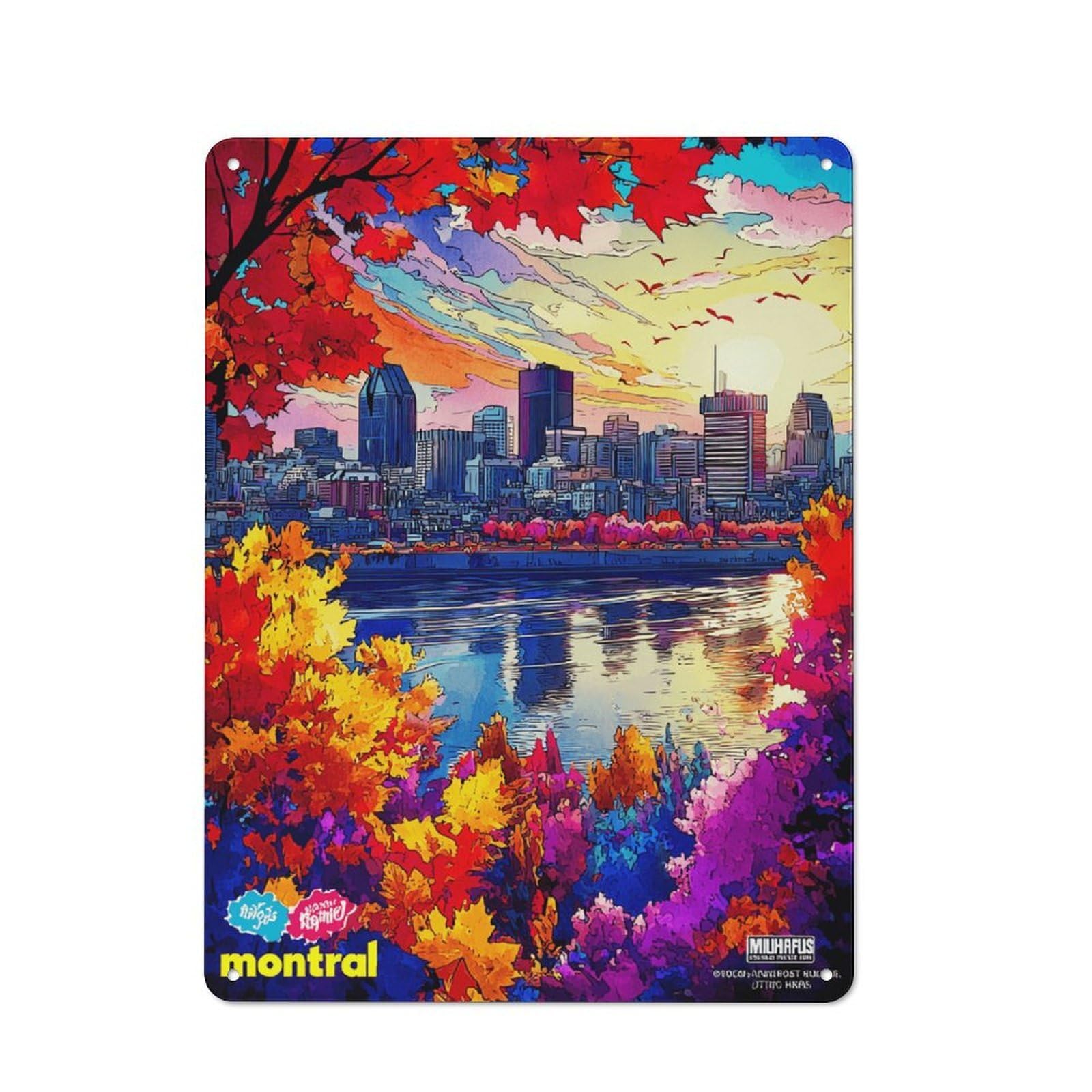 Junmoney Autumn Colors In Montreal Skyline -7 Tin Wall Plaque 40X30cm With For Hallway Wall, With Clear Retro Wall Decor Character