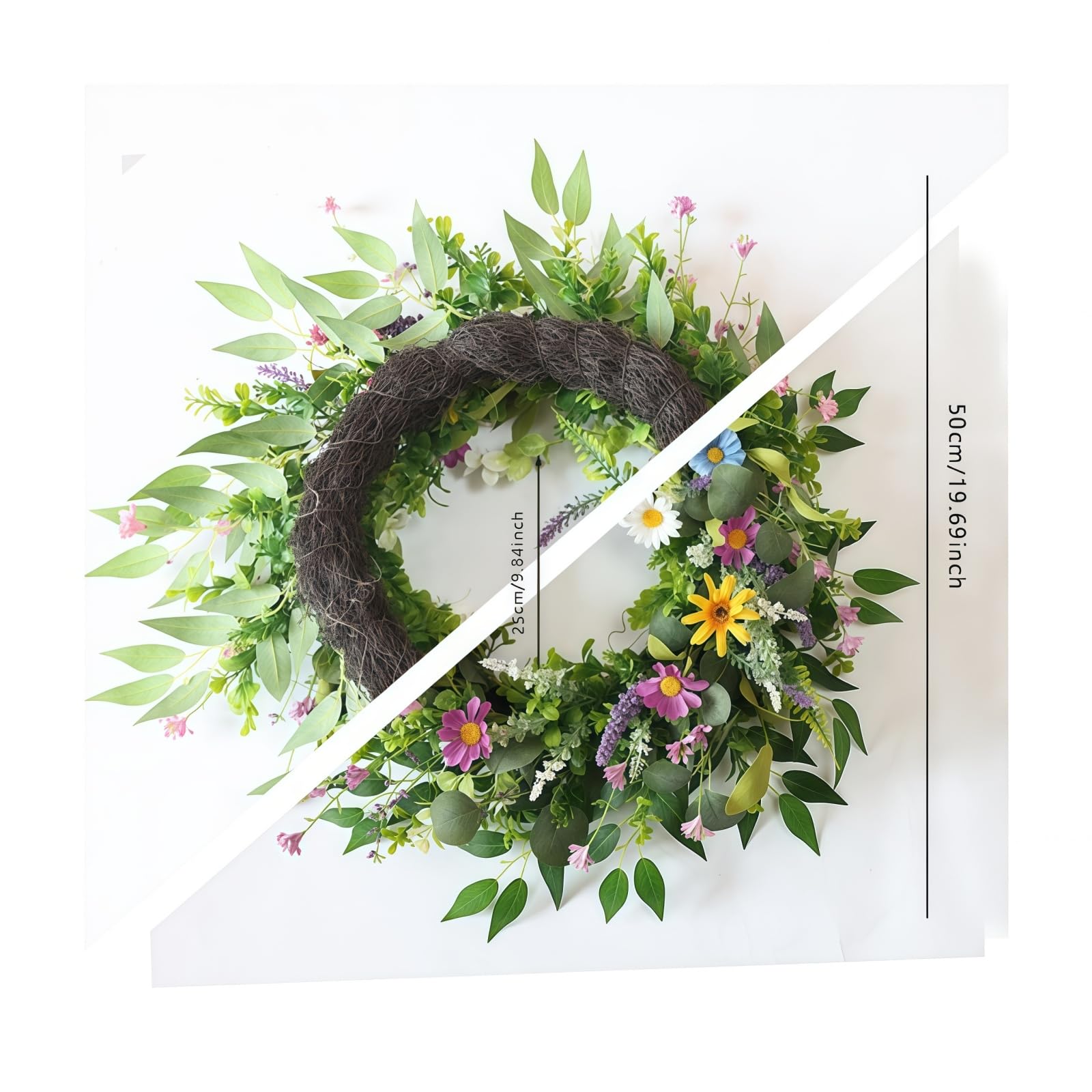 Künstlicher Frühlingskranz mit Bunten Wildblumen, Margeriten und Lavendel, Türkranz für Haustür und Wand, Natürlicher Dekokranz für Frühling und Sommer