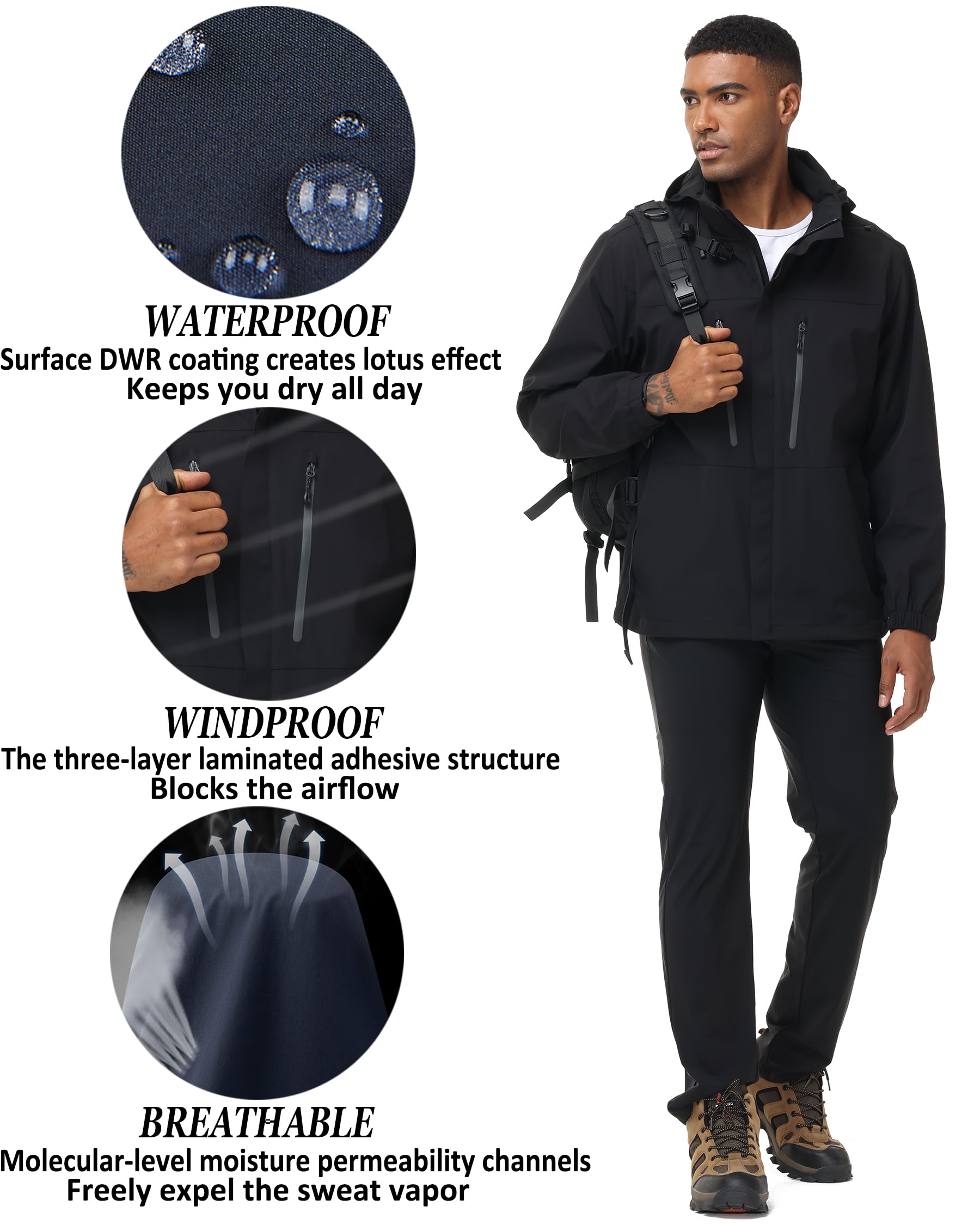 8000mm H2O Veste de Pluie Imperméable avec Capuche Amovible Respirant Coupe-Vent Mode Imperméable pour Golf Randonnée
