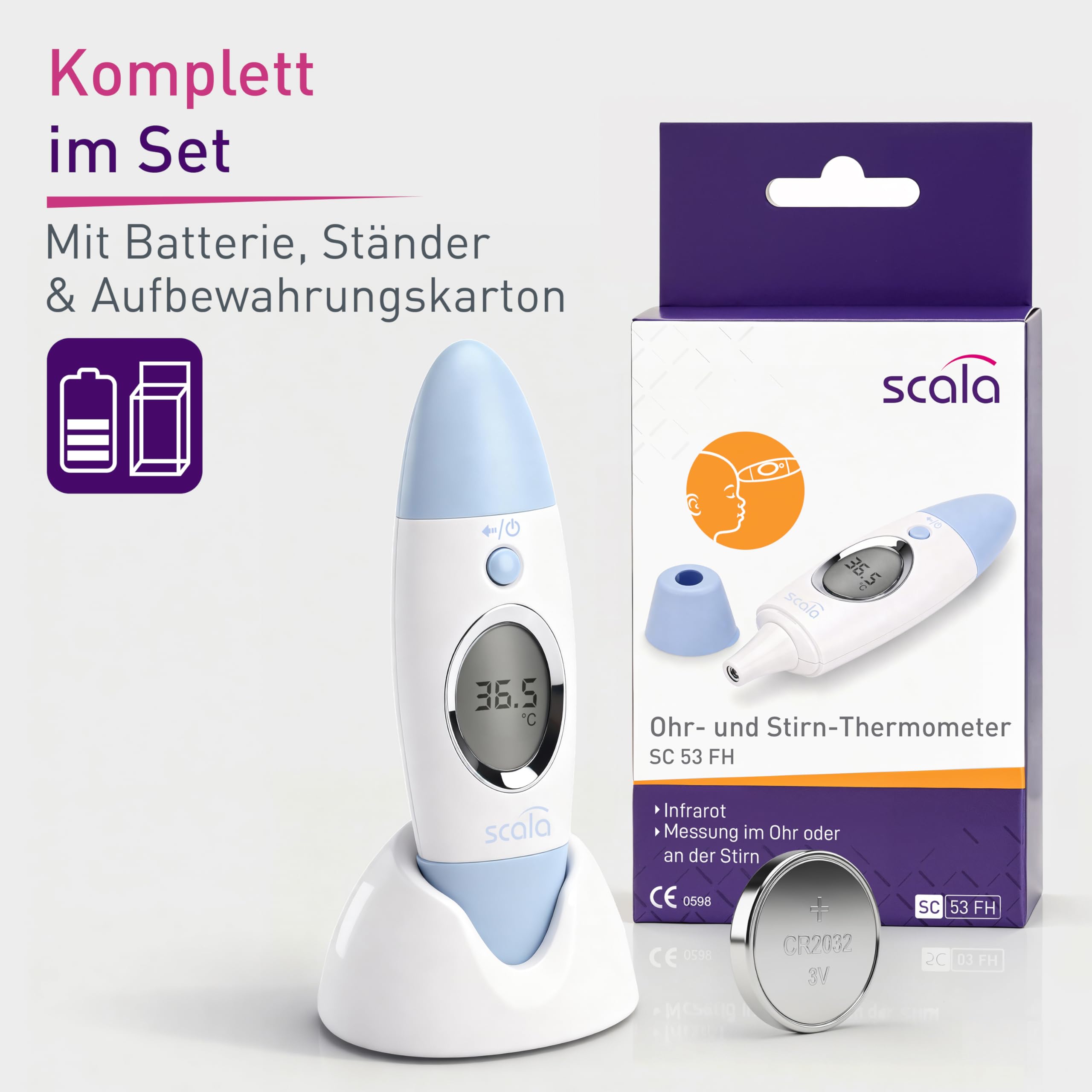Scala SC 53 Thermomètre numérique infrarouge fièvre frontal, tempes et oreilles
