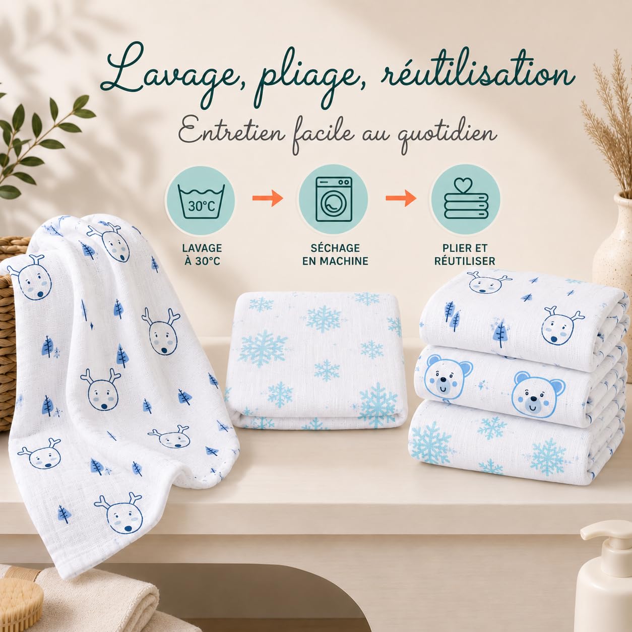 Bubblin Langes Bébé Lot de 3 Mousselines 80x80 cm, 100% Coton Naturel Certifié Oeko-TEX, Couverture Bèbè (Ourson)