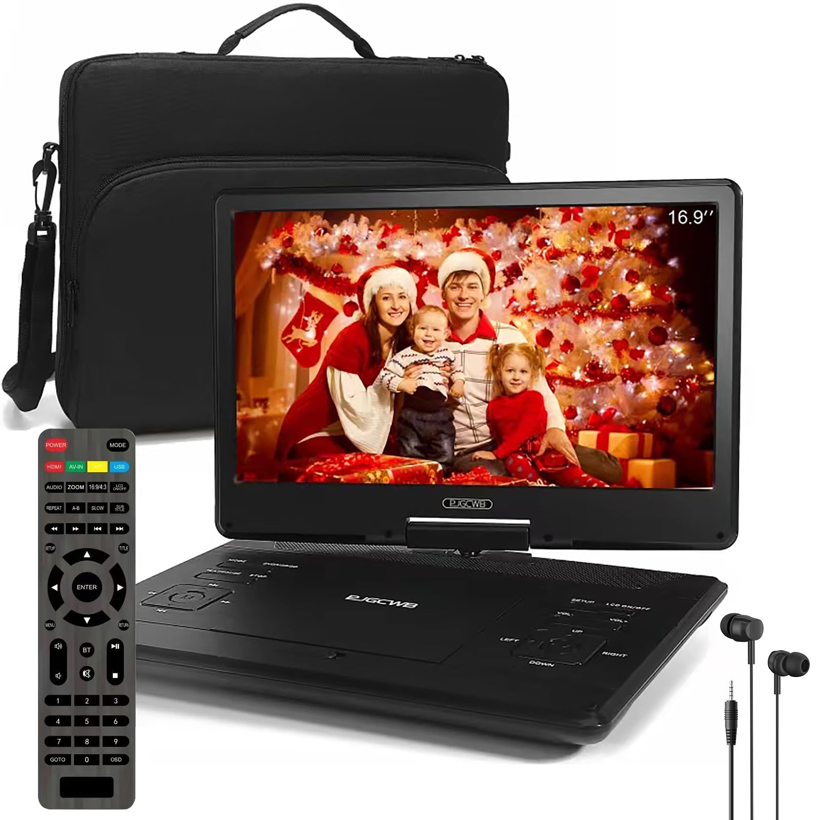 17" Portable DVD Player with Headphones,14.1" Large HD Screen with Extra Carrying Bag,4-6 Hours Rechargeable Battery,Support HDMI in/USB/AV-in/Out and Multiple Disc Formats,High Volume Speaker,Black
