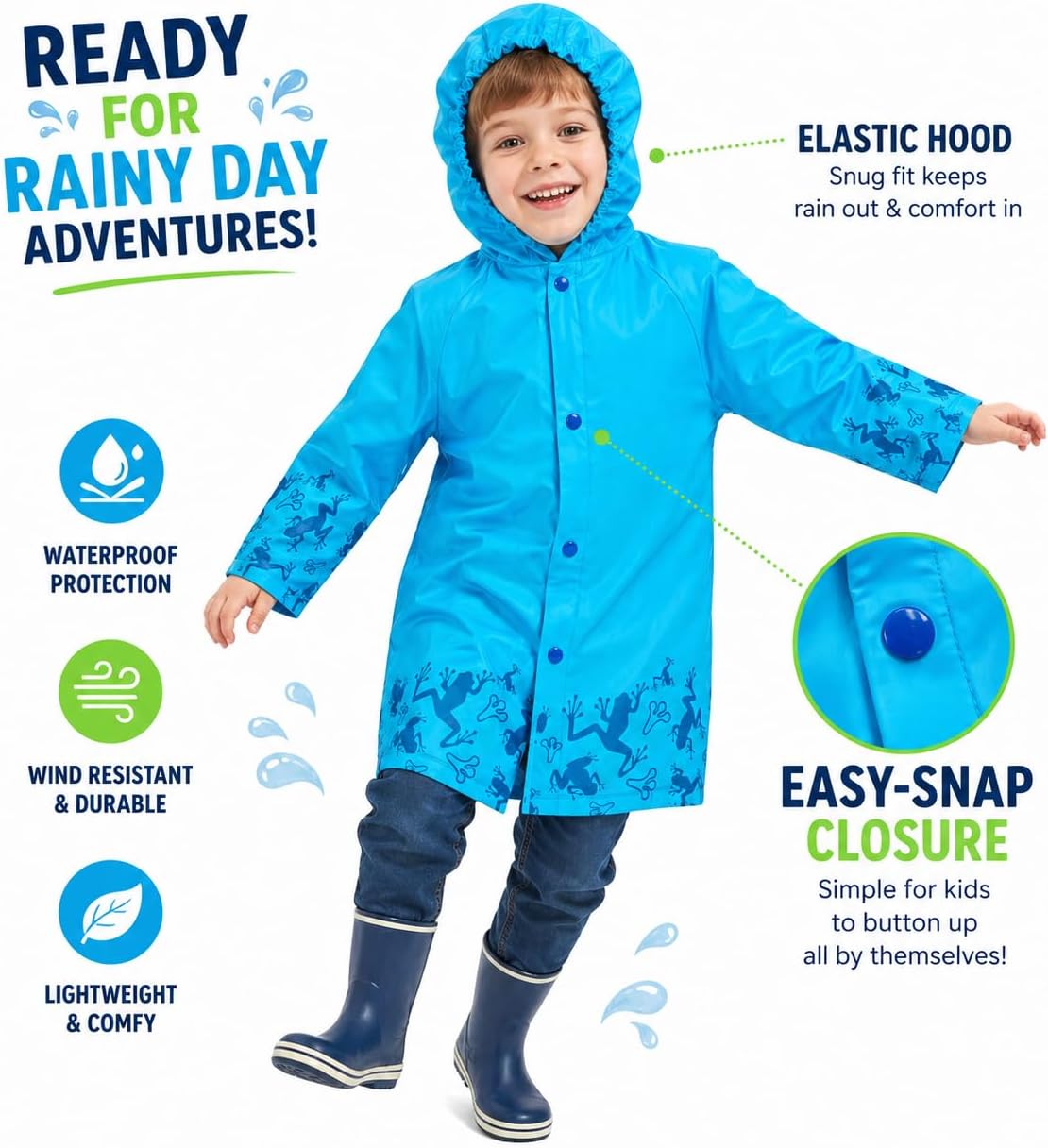 Puddle Play Kids Waterproof Rain Slicker Jacket with Hood – PVC Raincoat, Snap Closure, Lightweight – Sizes 2–9 Years