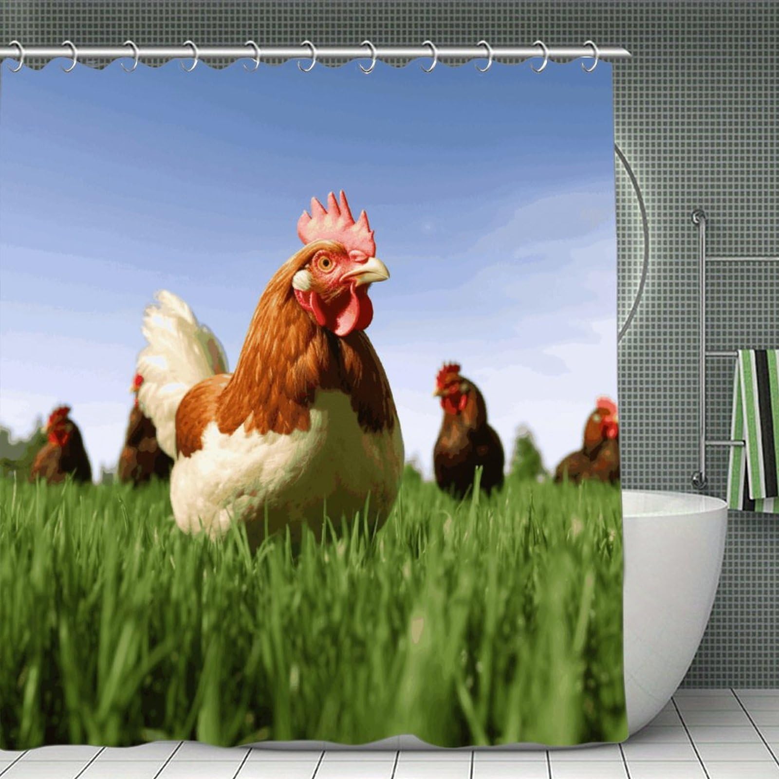 VstaDank Funny Chicken Grass Shower Curtain Waterproof Bathroom Curtain with Hooks Luxury Weighted Bath Curtains for Bathtubs Showers Room Dividers Decorative Shower Curtains 71x71 in