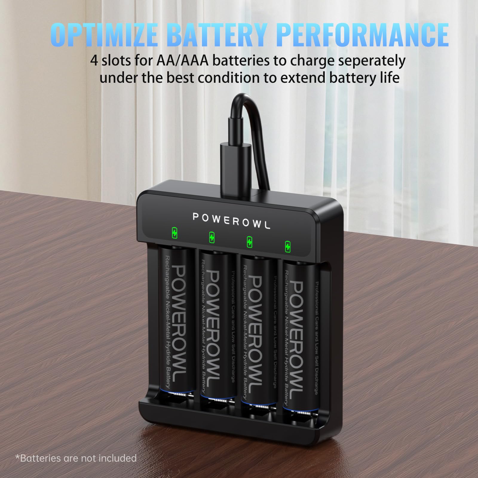 POWEROWL Caricabatteria con batteria AA 2800 mAh, 4 pezzi, caricatore AA USB, ricarica rapida per batterie ricaricabili NI-MH NI-CD AAA AA, slot indipendente