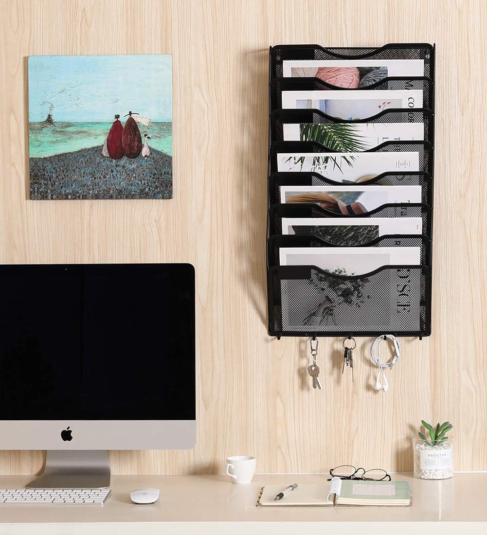 EasyPAG Wall Mount File Organizer 8 Pocket Vertical Hanging File Folders Holder Paper Rack with Key Hooks for Office Home,Black : Office Products