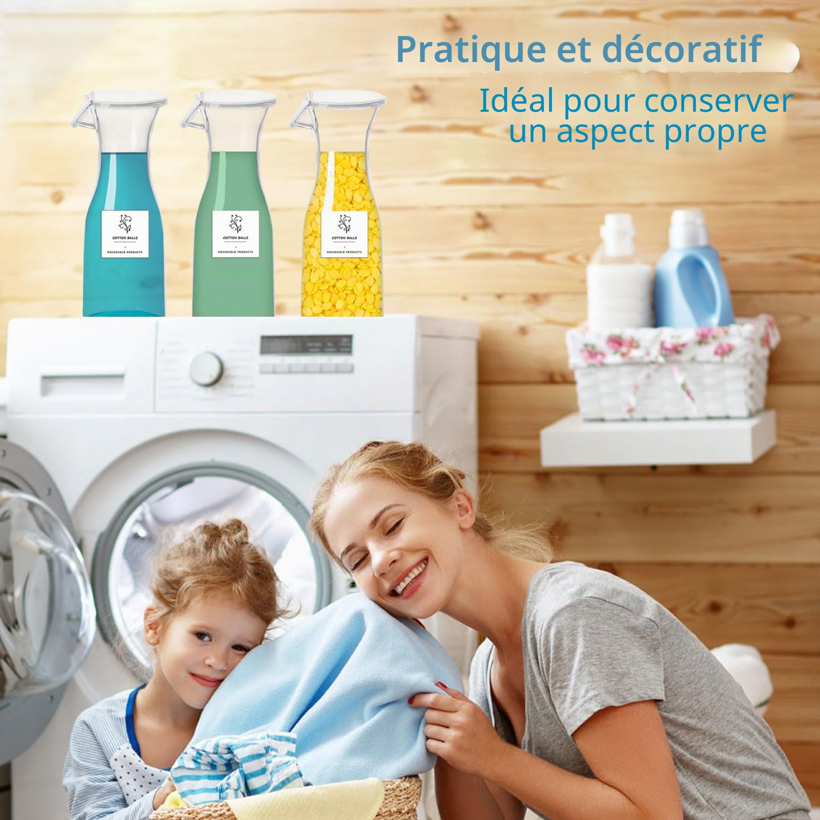 3 Pièces Distributeur Lessive Liquide, 568ml Distributeur de Lessive avec Couvercle et Étiquettes, Rangement Lessive Scellé en Plastique Réutilisable Laundry Detergent Dispenser pour Poudre