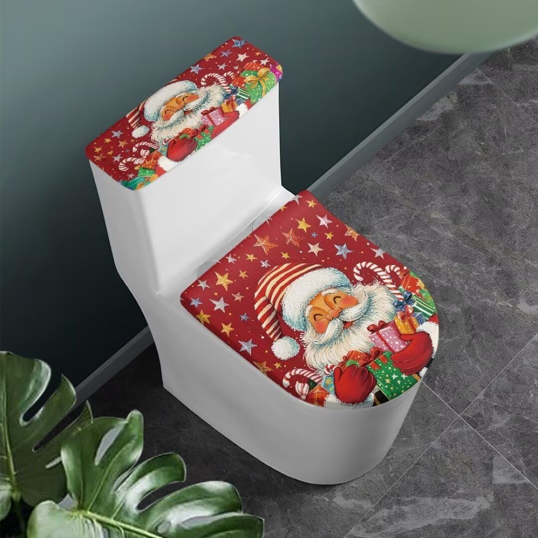 GOSTONG Santa Claus Toilet Lid & Tank Covers for Bathroom Cartoon Toilet Seat Cover for Hotel Elastic Toilet Protective Cover for Round Toilet Novelty Home Decor for Friends