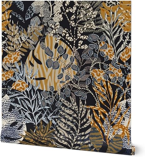 Spoonflower Muestro de papel tapiz extraíble  Hojas azules, estampado animal, tigre tropical salvaje, oscuro, guepardo, lagarto, botánico, floral,