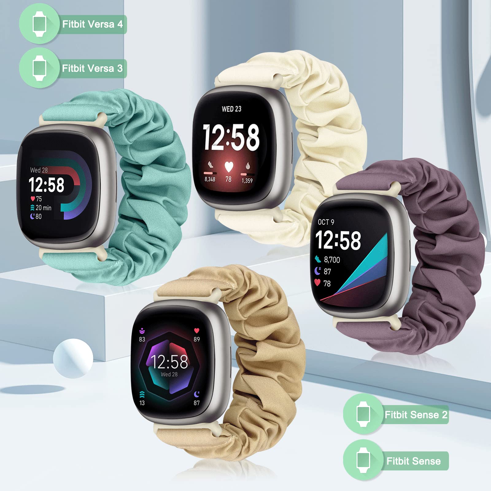 ShuYo Scrunchie Bands Compatible with Fitbit Sense/Sense 2 / Versa 3 / Versa 4 for Women,4 Pack Elastic Nylon Scrunchy Replacement Strap Soft Stretchy Wristband for Fitbit Versa 3 Smart Watch