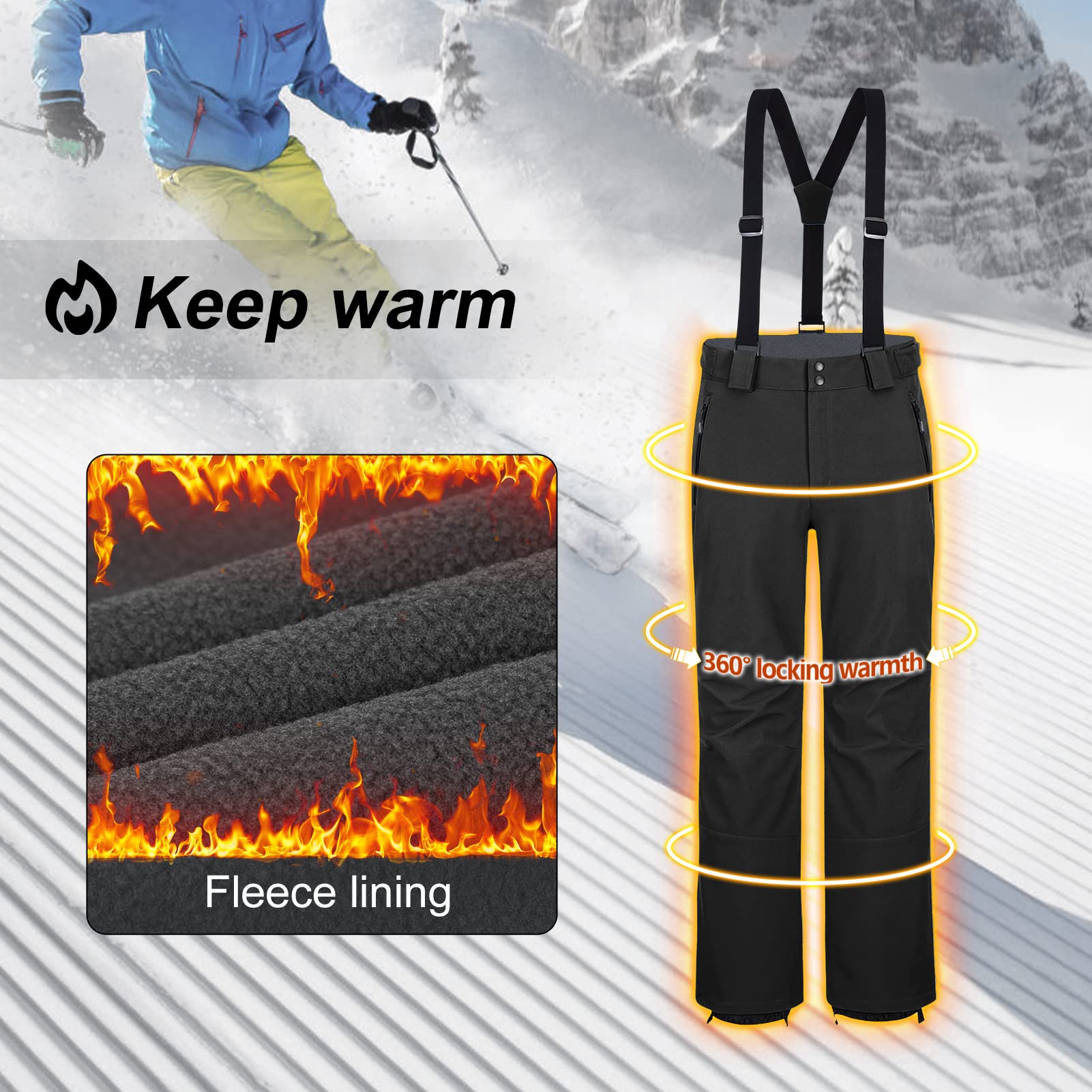 33,000ft Herren Skihose Hosenträgerhose Outdoorhose Wasserdicht Winddichte Softshellhose Warme Gefütterte Schneehose Snowboardhose Skilanglaufhose Thermohose Winter Ski Pants