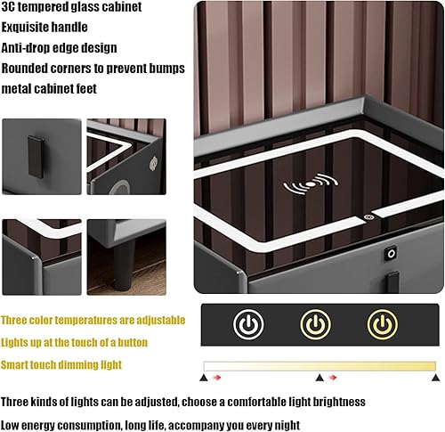 Miniatura 7 de TBQATNTS Mesita de noche con estación de carga, mesas auxiliares de dormitorio con bloqueo de huellas dactilares y altavoz, moderna mesita de noche