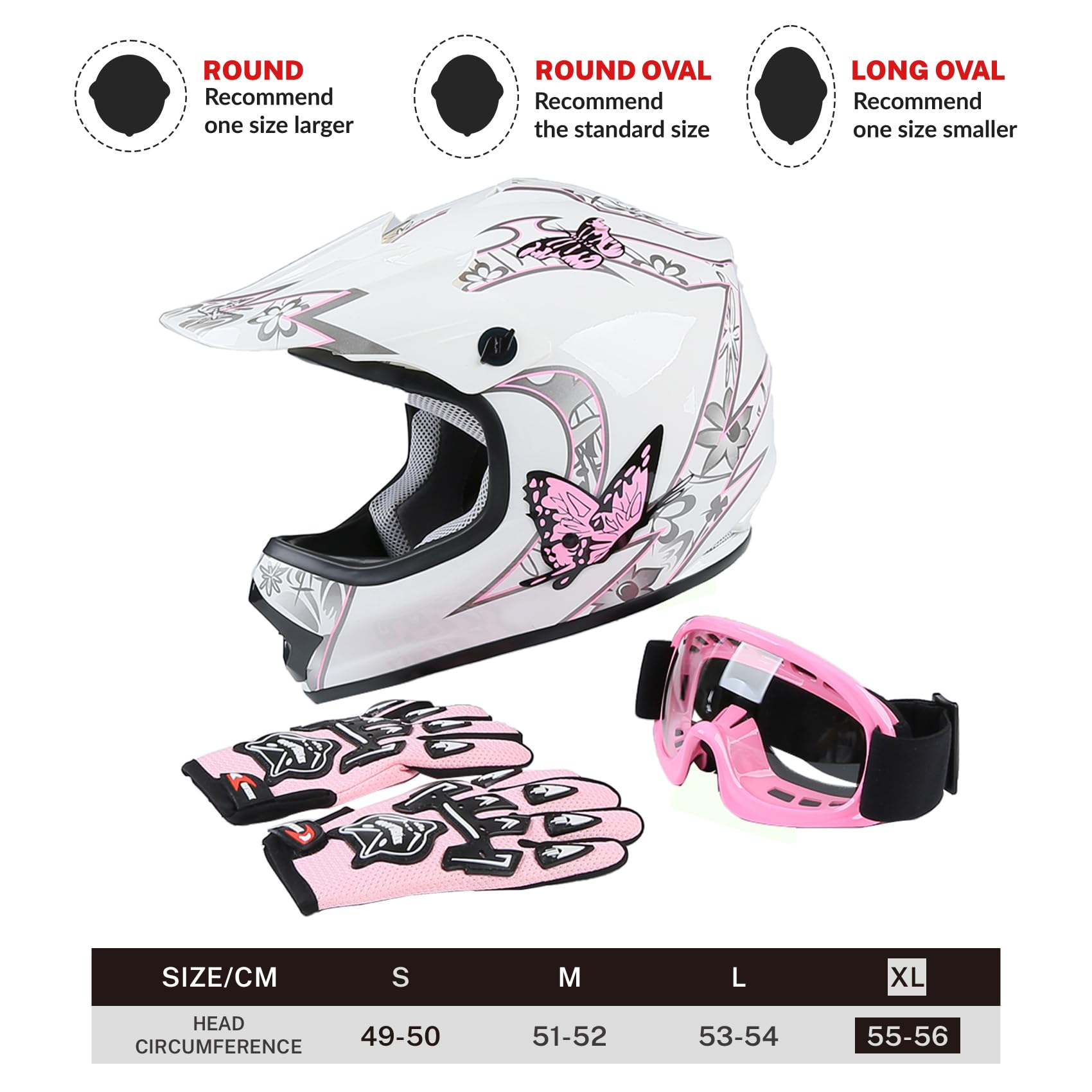 TCT-MT DOT Helmet+Goggles +Gloves Youth Kids Pink Butterfly ATV Offroad Dirt Bike Helmet Motocross Helmet Gloves Goggles S~XL (X-Large)