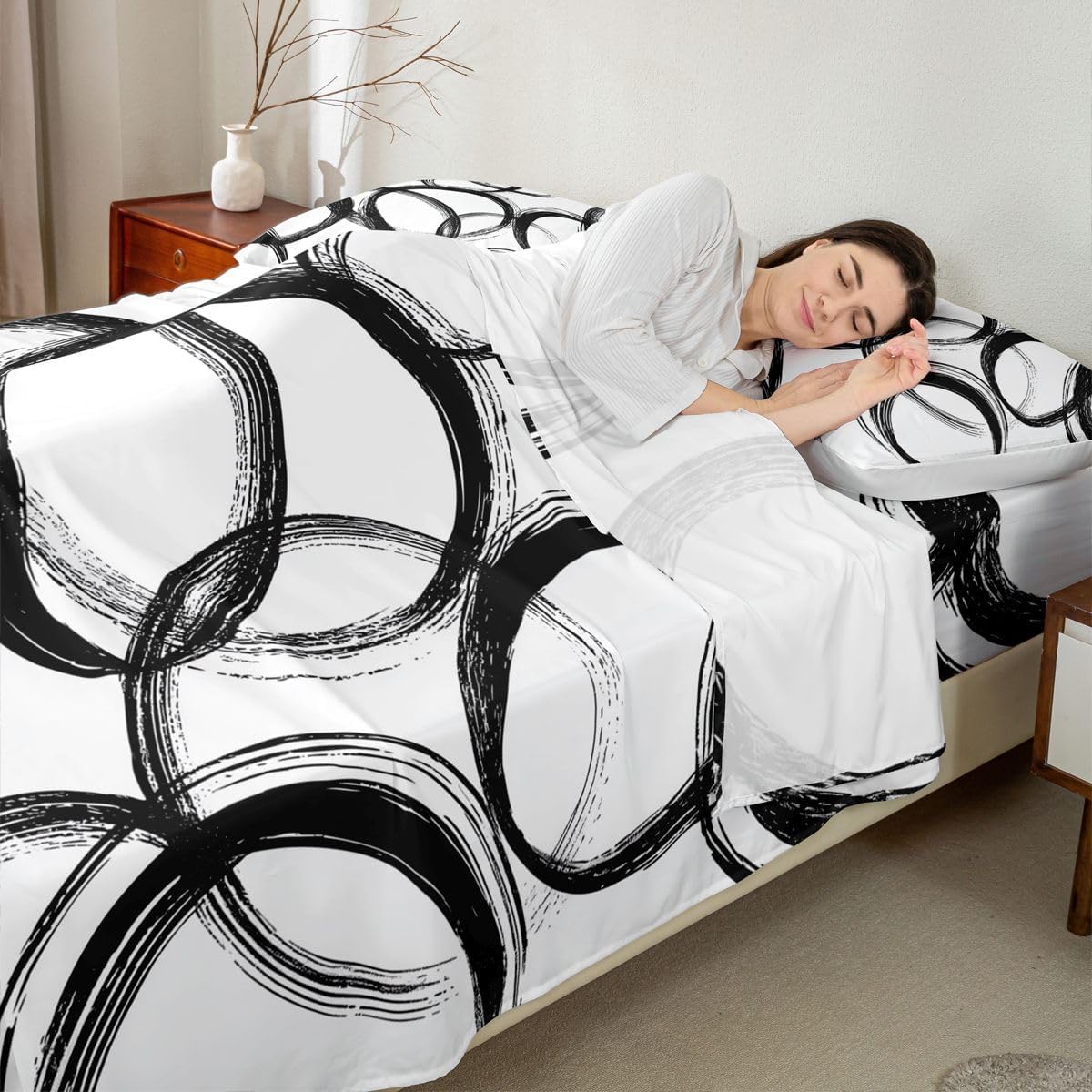 jejeloiu Black and White Bed Sheets Set Queen Size Tie Dyed Sheet Set for Kids Modern Circle Sheets with Deep Pocket Fitted Sheet Women Men Teens Ultra Soft Abstarct Home Decor Bedding