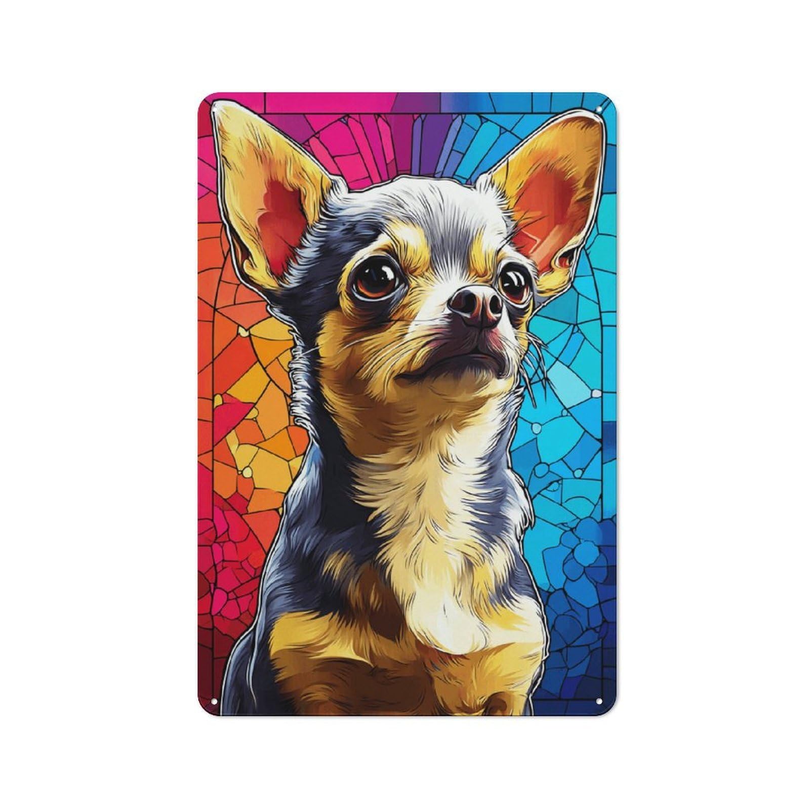 Junmoney Stained Glass Chihuahua Portrait -1 30X20cm Retro Tin Sign With For Living Room Or Hallway, A Decorative Metal Sign For Living Rooms And Hallways