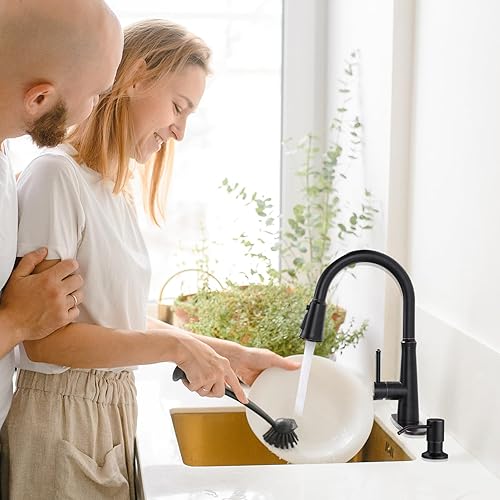 Miniatura 2 de WOWOW Grifo de cocina con pulverizador, bronce aceitado frotado de una sola manija, acero inoxidable de arco alto, grifo de cocina con rociador para