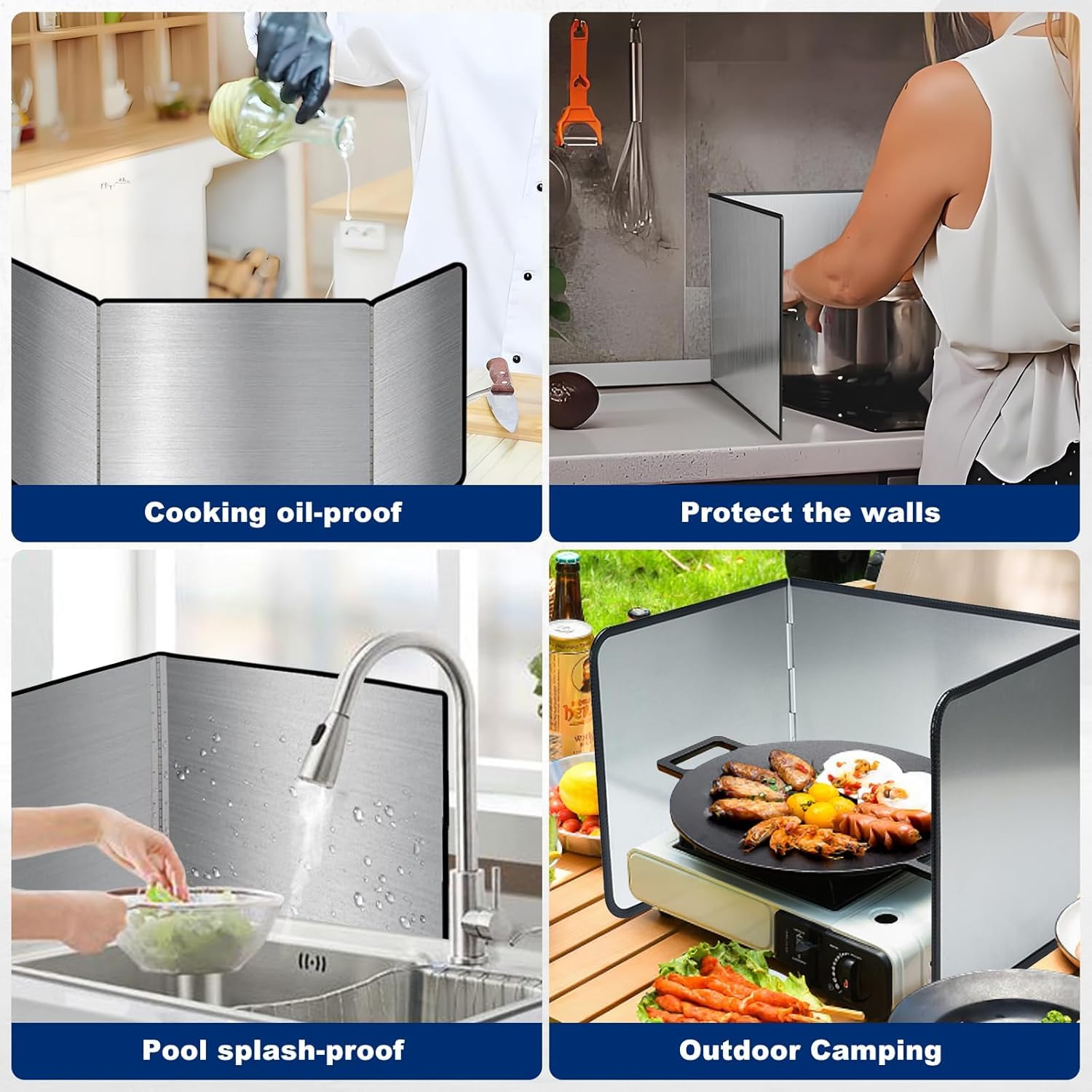 Opvouwbare roestvrijstalen spatbescherming, fornuis spetterbeschermer voor het koken van keuken anti splatter schild guard, spatscherm voor koekenpan, vetschild 2 zijden (kleur: zilver, maat: 2 zijden
