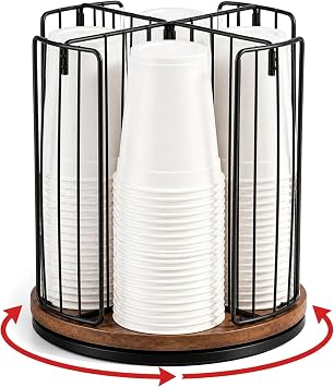 Geelin 4 Compartment 9.3 x 8.8 Inch Coffee Cup Dispenser, Rotating Mug Holder, Wire Disposable Coffee Mug Dispenser Removable, Plastic Cup Storage and Lid Holder for KitchenBlack,Brown