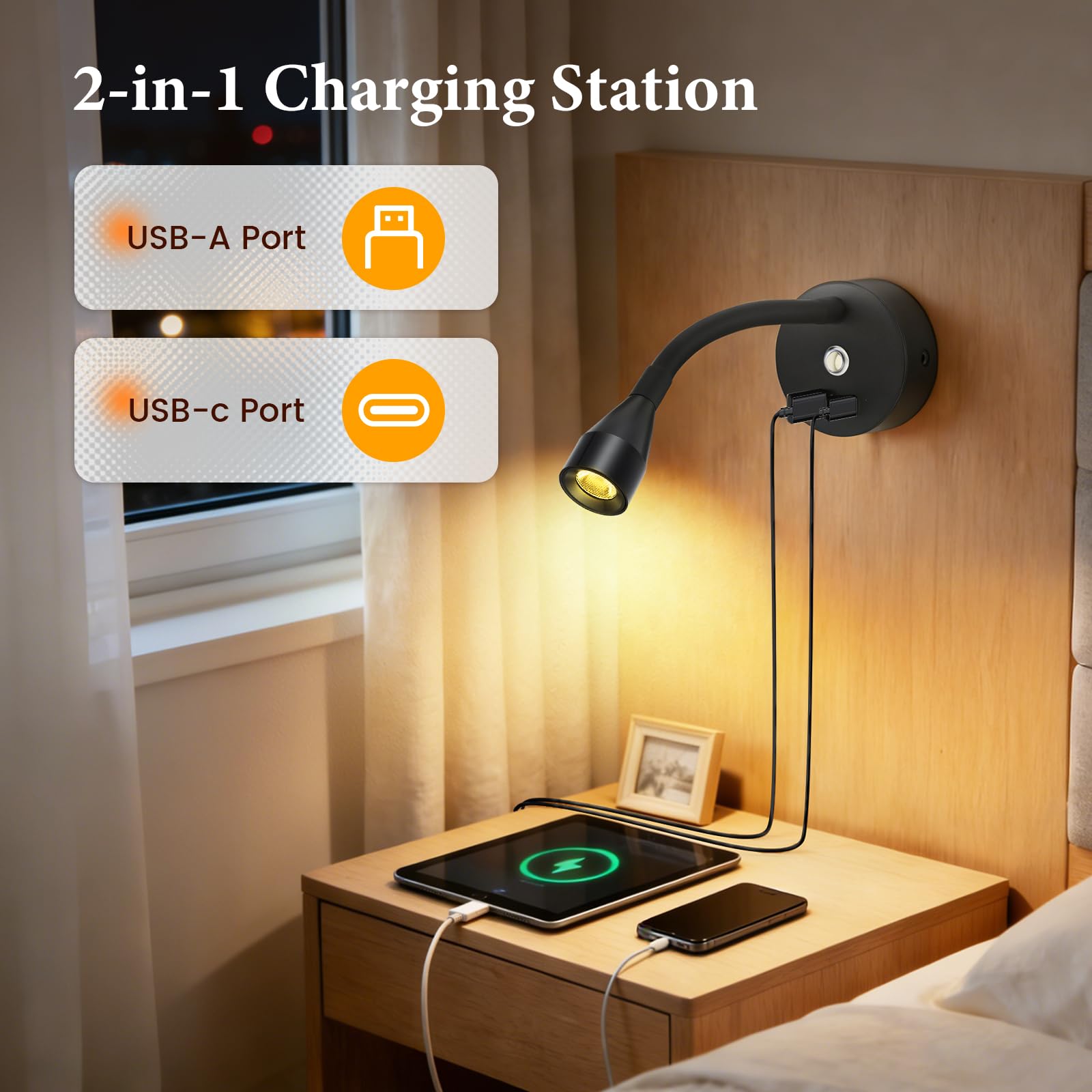 2 Piezas Luz de Lectura LED para Camper, 12V Lámpara de Lectura con Cargador USB & Type-C, Flexible Lámpara Foco de Pared para Autocaravana Furgo Barco (Negro)