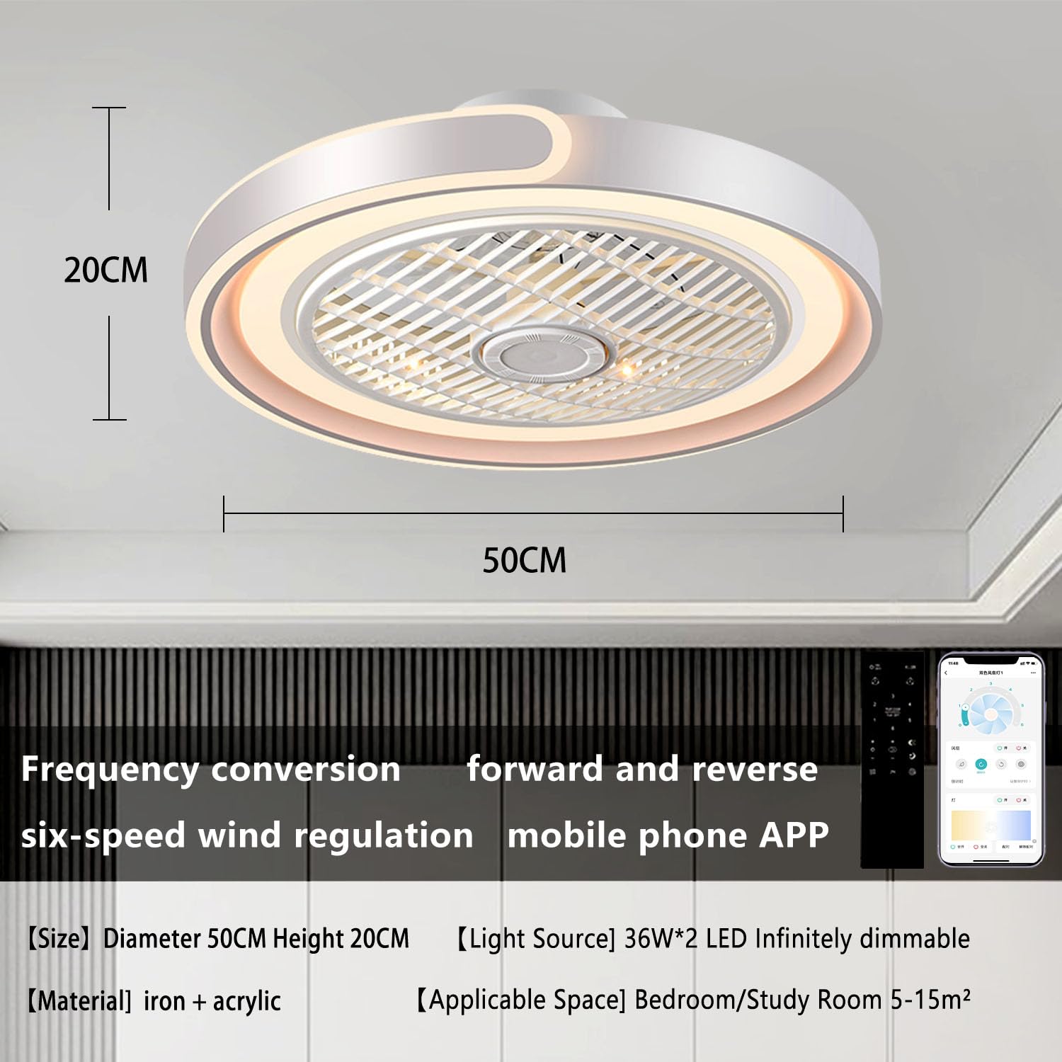 ASJK Deckenleuchte mit Ventilator, 72 W, 7200 lm, Dimmbar, App und Fernbedienung, 6-Gang, Timer, Weiß
