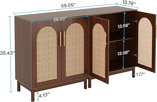 Miniatura 2 de Tribesigns Juego de 2 aparadores de ratán con almacenamiento, armario decorativo de 59 pulgadas para comedor, sala de estar, cocina, ratán y marrón