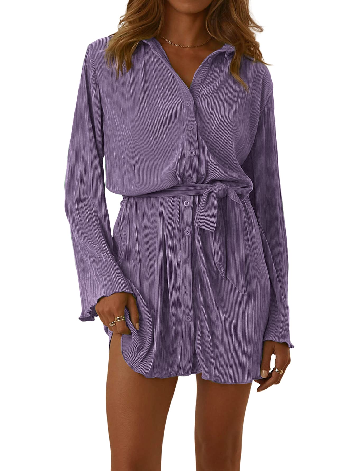 LYANER Women's Collar V Neck Button Down Pleated Long Sleeve Mini Shirt Dress with Belt