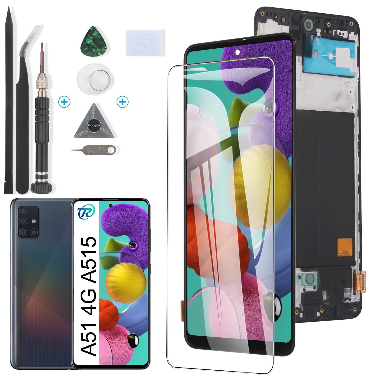 RongZy LCD Display für Samsung Galaxy A51 4G A515F Touchscreen und LCD Bildschirmersatz mit Reparatur Werkzeuge Kit(6.5'',Schwarz mit Rhamen)