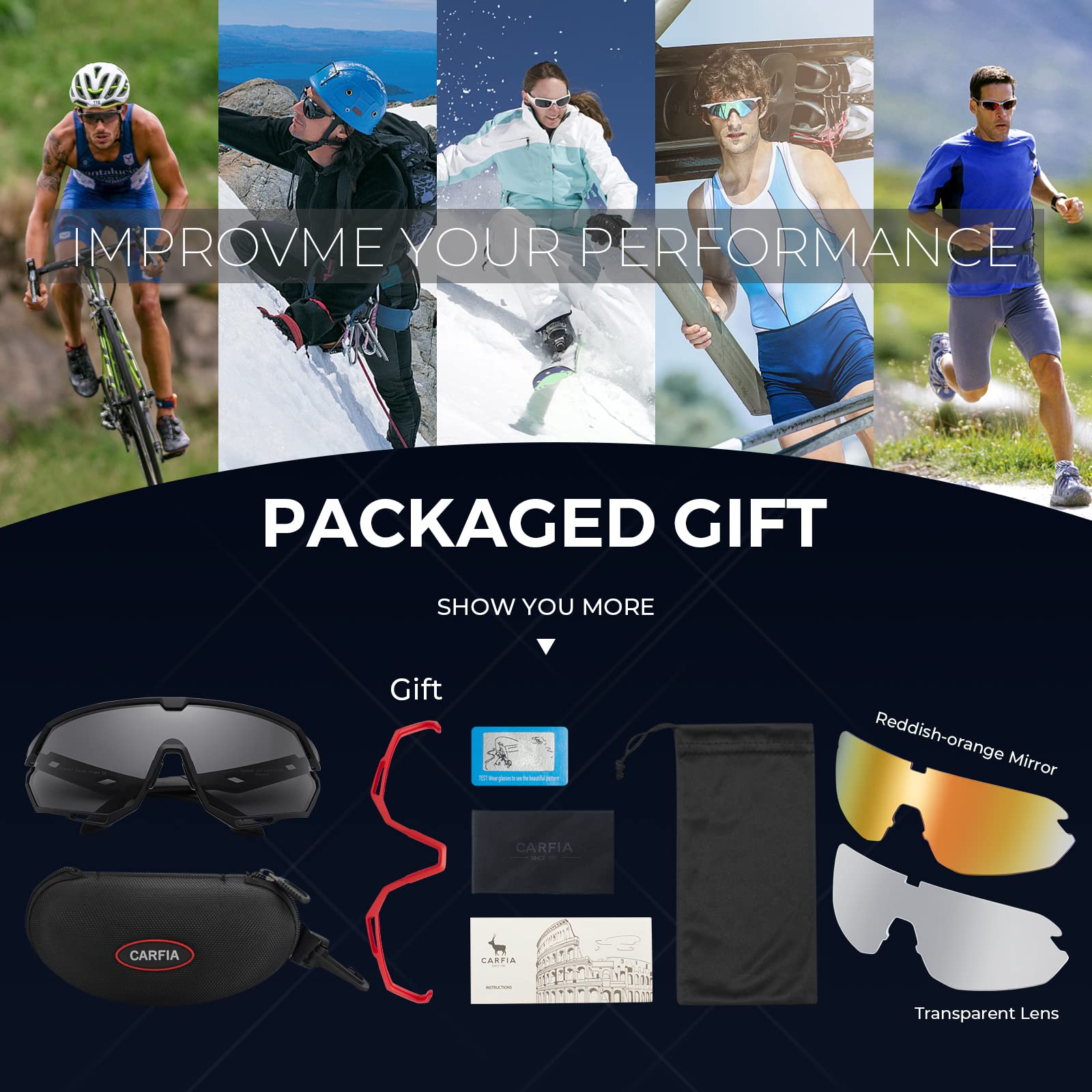 CARFIA Fahrradbrille Schnelle Brille Polarisierte Herren Sonnenbrille UV 400 Schutz Sportbrille für Autofahren Fahrrad Angeln Golf