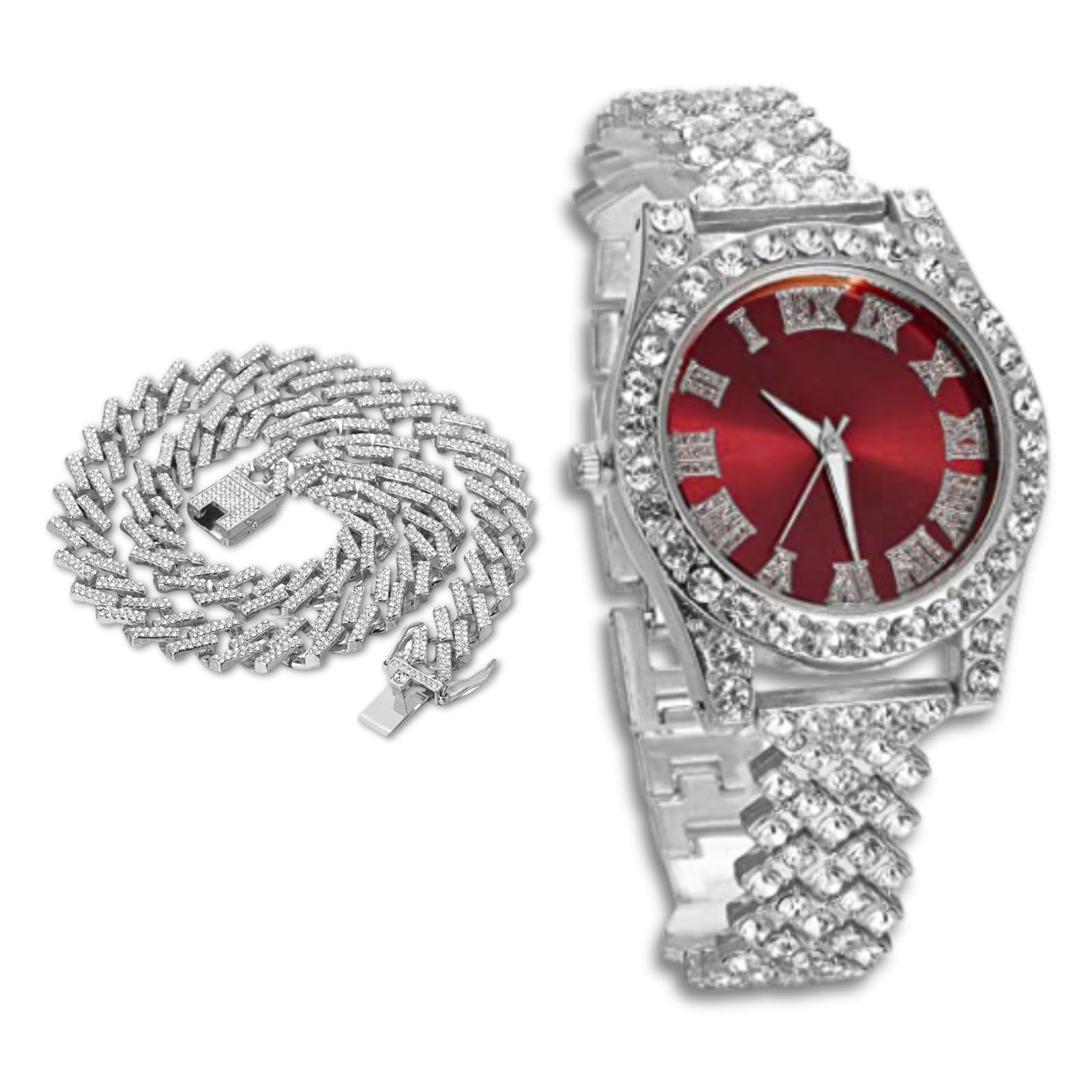 Reloj de lujo con diamantes para niños y adolescentes, correa chapada en oro real de 18 quilates/platino de 8 pulgadas, esfera redonda multicolor de 37 mm, opcional con cadena cubana, caja de