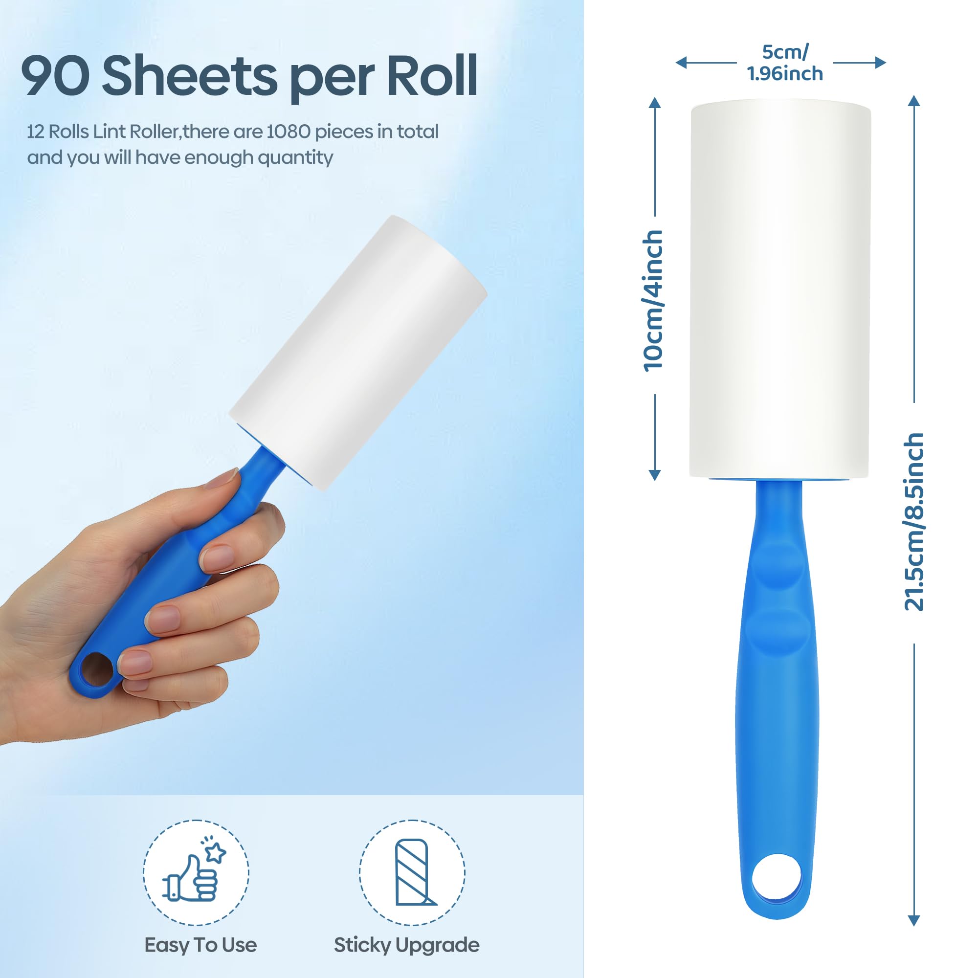 Rullo Peli Animali 12 Rotoli/1080 Fogli, Super Appiccicoso Rullo per Peli Animali, Riutilizzabile Spazzola Adesiva per Vestiti con 2 Maniglie, Lint Roller per Raccogli Peli Animali
