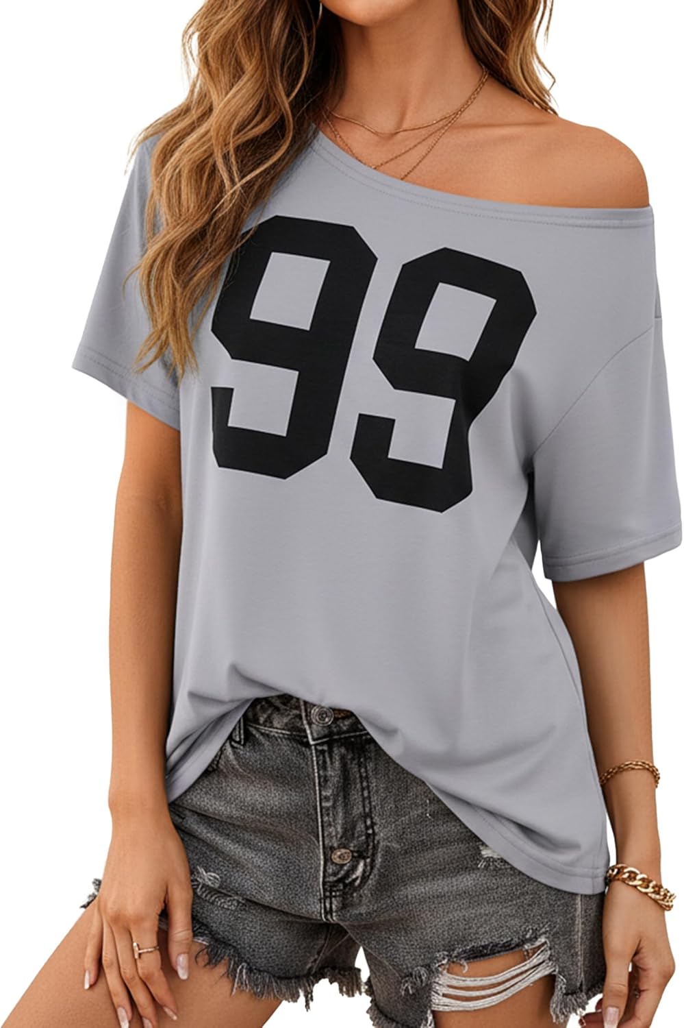 LilyCoco Womens Off The Shoulder Graphic Tees Casual Short Sleeve Asymmetrical Top
