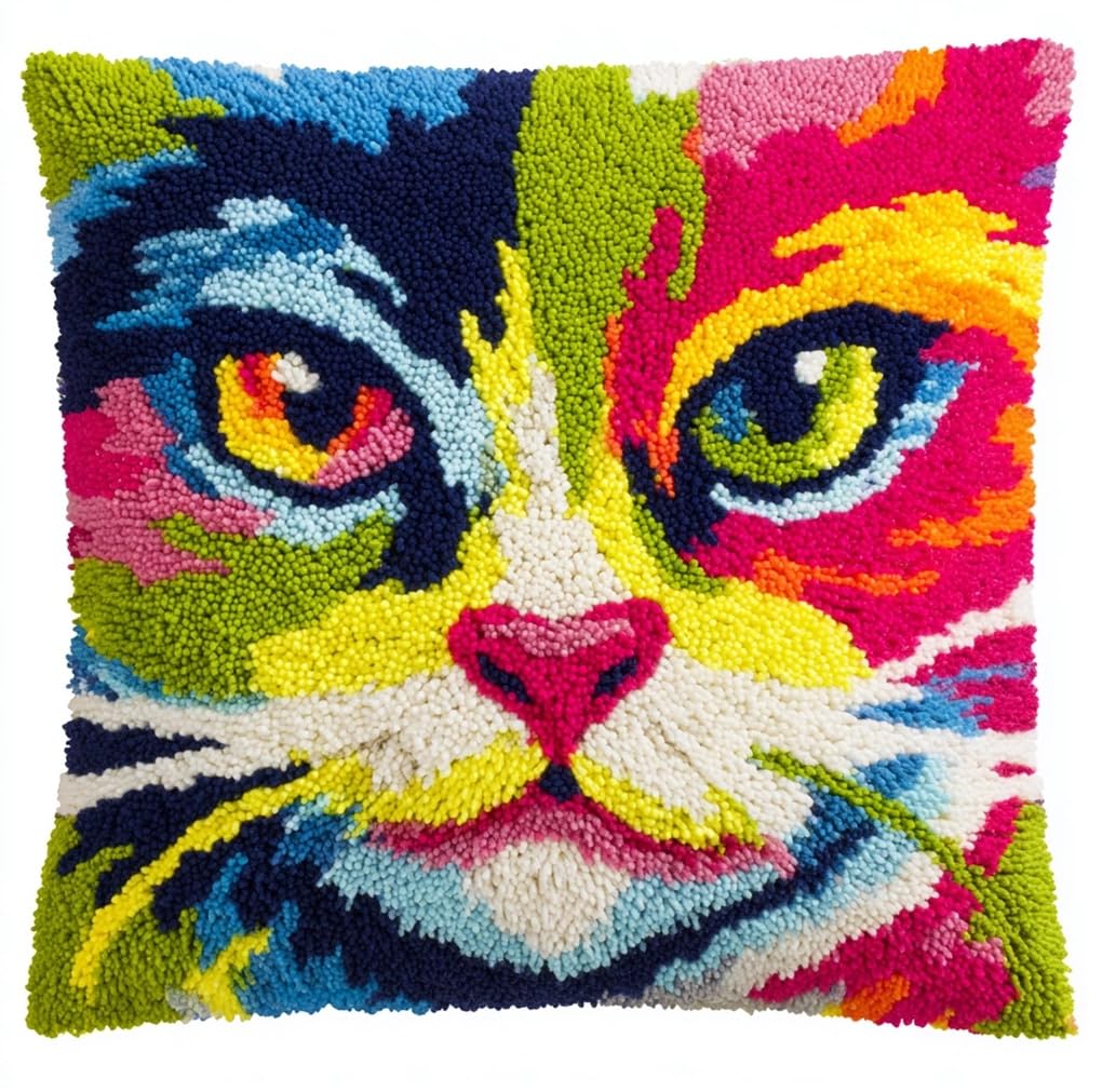 Taxpy Latch Hook Kit, Colorful Cat Animal Latch Hook Pillow Kits for Adults Crochet Yarn Cushion Pre-Printed Needlework Handcraft 17X17 Inch