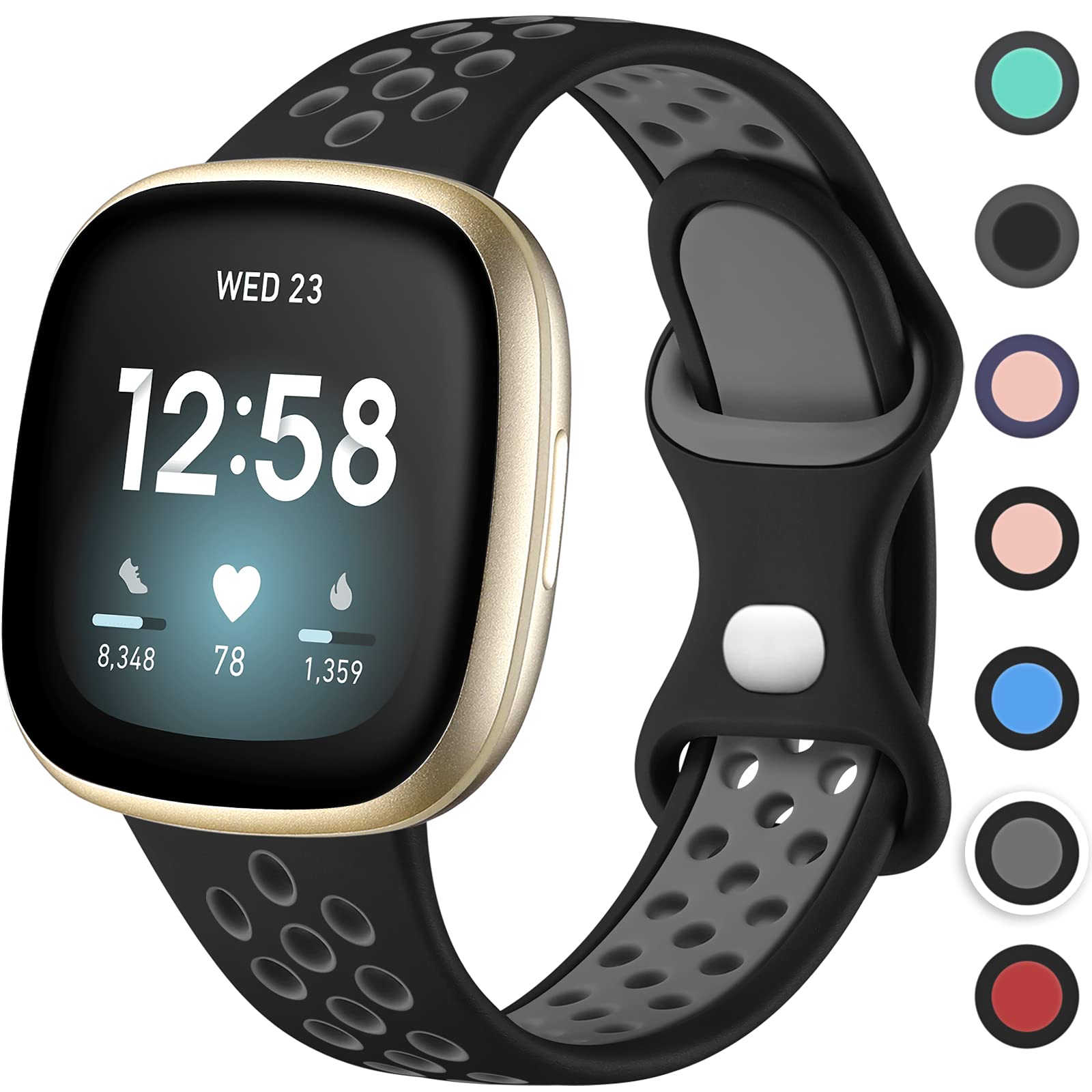 Upeak Sportarmband Kompatibel mit Fitbit Versa 3/4 und Sense/Sense 2, Atmungsaktiv Silikon Doppelloch Schnappschnalle Ersatzband, Klein, Schwarz/Grau