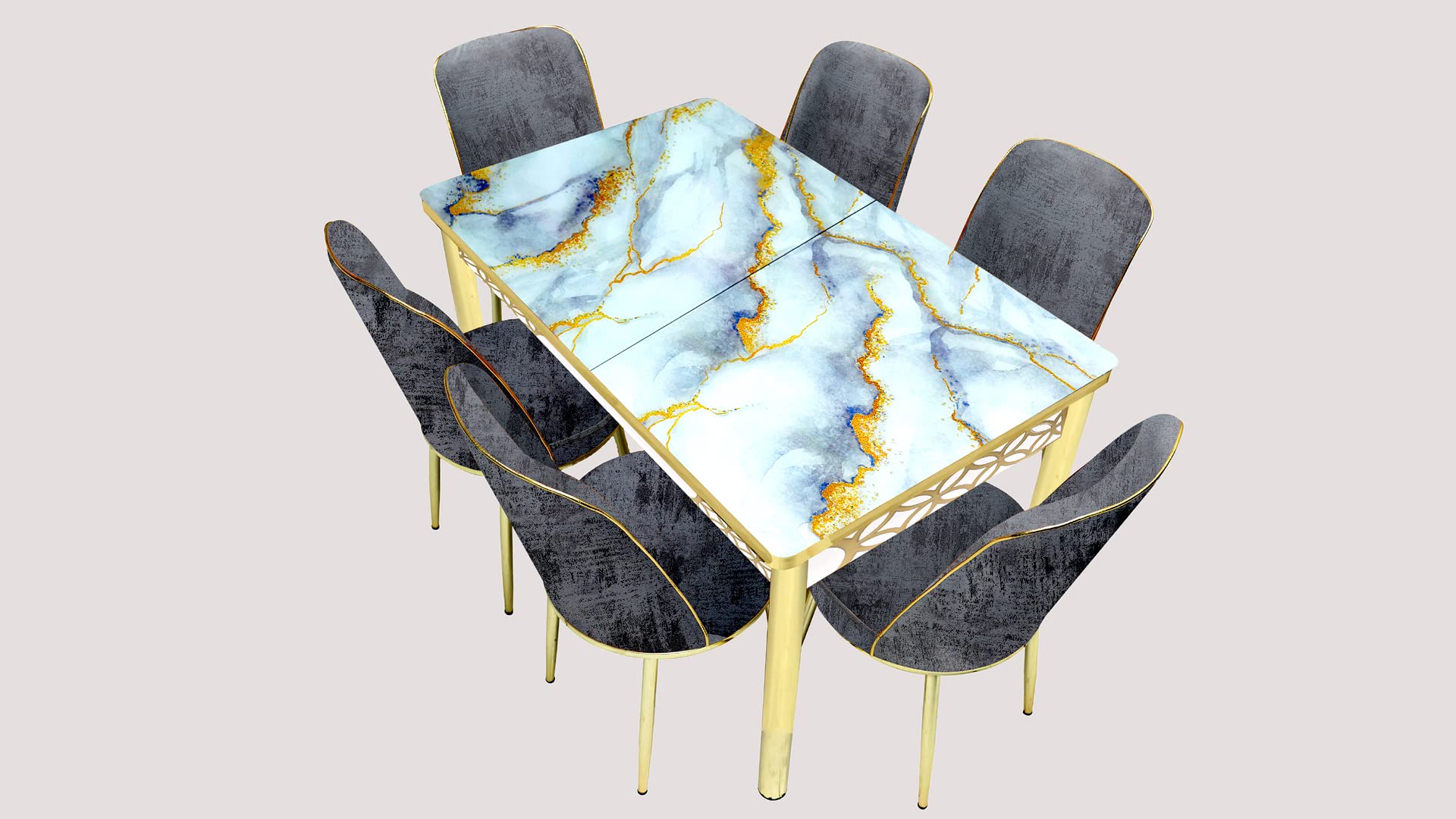 Multi Home-Dining Table and Chairs Set- 1 Modern Dinner Table & 6 Chairs Set for Dining Room- Kitchen- Lounge, Adjustable Table and comfortable chairs Grey & Gold