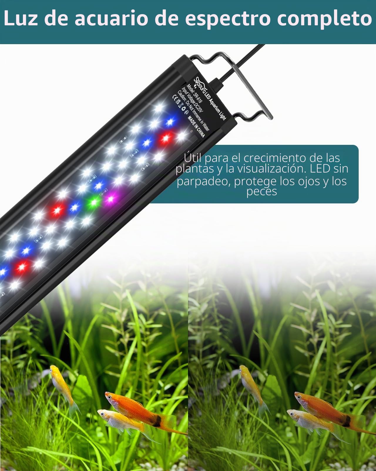 SEAOURA Luz de acuario LED para plantas - luz de acuario de espectro completo con temporizador de encendido/apagado automático, brillo ajustable, blanco azul rojo verde rosa LED con soportes