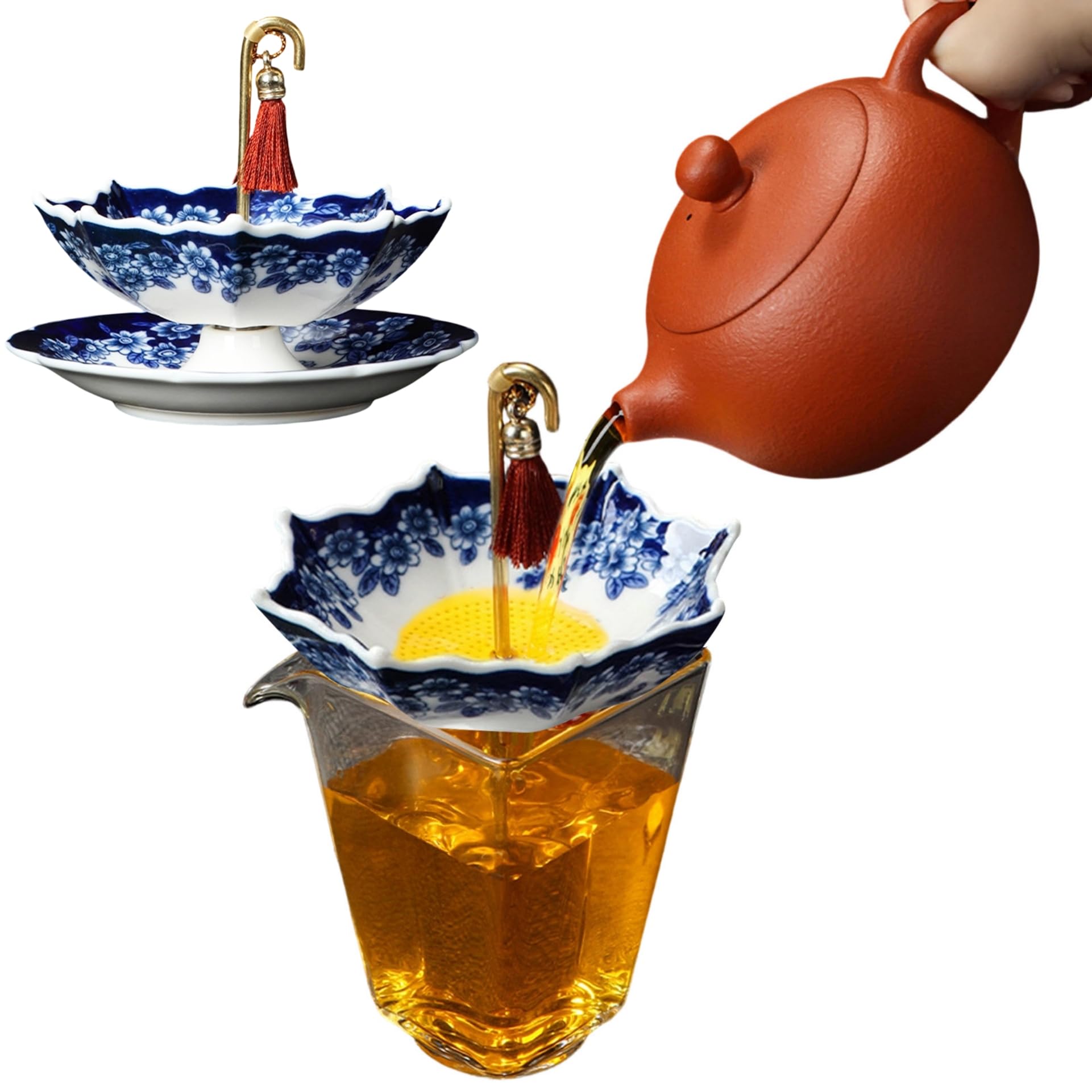Umbrella Shape Tea Strainer, Ceramic Tea Infuser Umbrella, Chinese Kung Fu Teas Filter Set, Loose Teas Strainers for Office Tabletop Collectible Home Decor, Gift for Teaing Lovers Blue