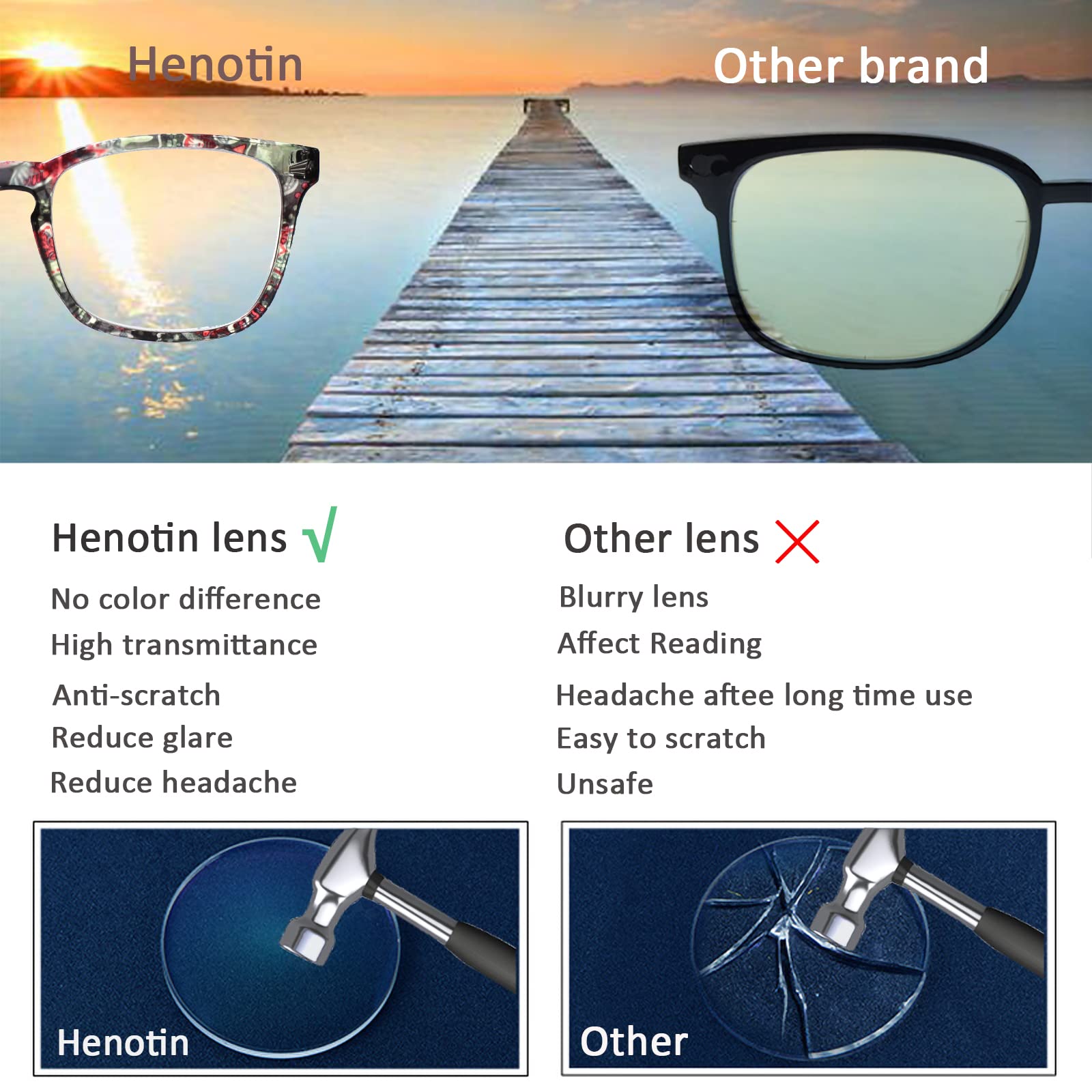 HENOTIN Lesebrille für Damen, mit Federscharnier, blaues Licht, modisches Muster, für Frauen (Leser mit Musterdruck, 2,0, Dioptrien)