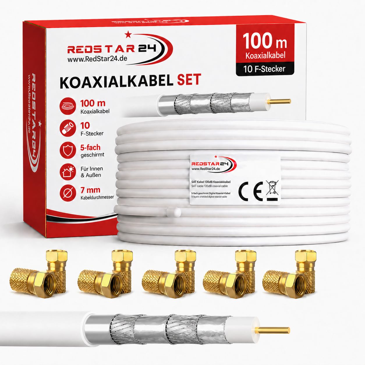 RedStar24 100m Koaxialkabel SAT Kabel 135dB Digital | Class A+ | 5-fach geschirmt für Ultra HD 4K DVB-S/S2, DVB-C/C2, DVB-T | Koaxial Antennenkabel für BK Anlagen | Weiß inkl. 10 vergoldete F-Stecker
