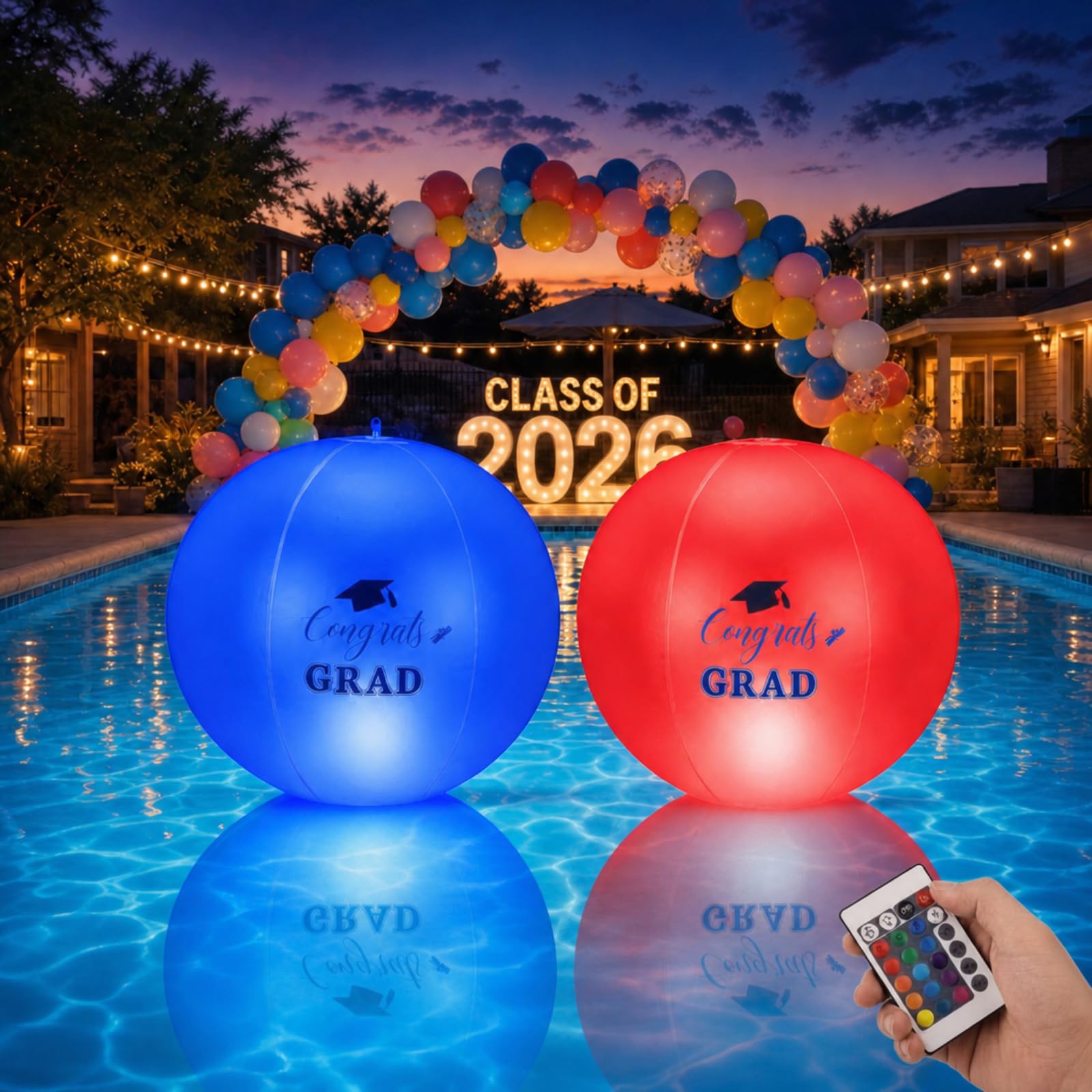 Photo 1 of 2 Pack Graduation Pool Party Decorations 14" Solar Pool Floating Lights Solar Powered 16 Color Changing Congrats Grad PVC Waterproof Inflatable Ball for Class of 2026 Swimming Prom Grad Party(Gold)
