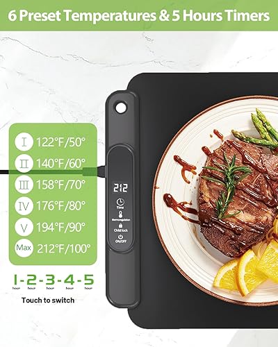 Miniatura 2 de Bandeja eléctrica para calentar alimentos almohadilla térmica de silicona YTLAD con 6 niveles de temperatura ajustable y temporizador de 5 horas y