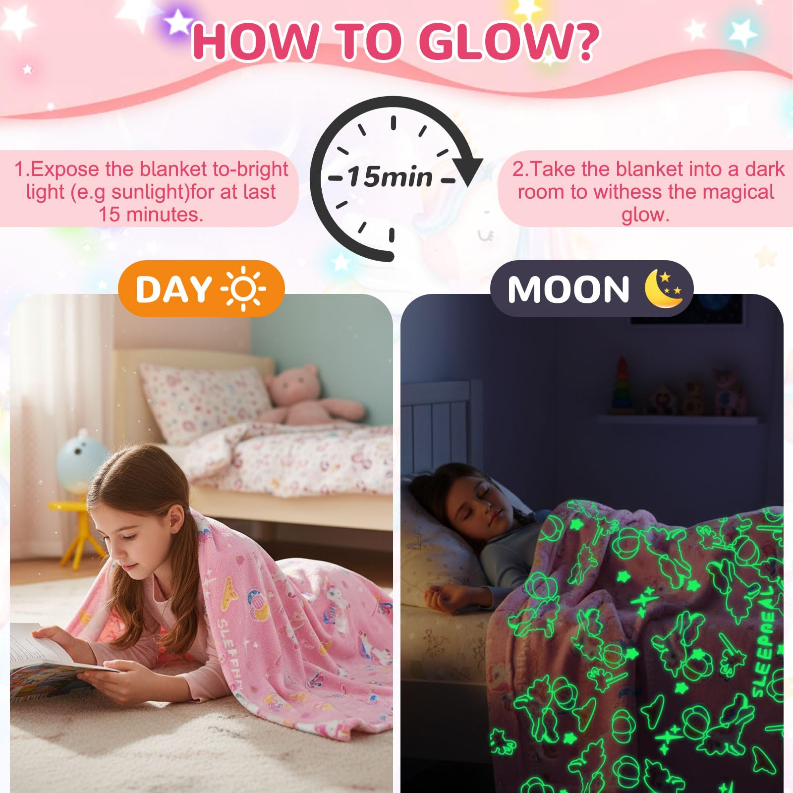 Coperta con Unicorno per Ragazze, Coperta Divertente Flanella con Che si Illumina al Buio per Bambino dai 2 ai 12 Anni, Caldo Plaid Rosa Singolo per Divano Soggiorno Camera da Letto, 150x200cm