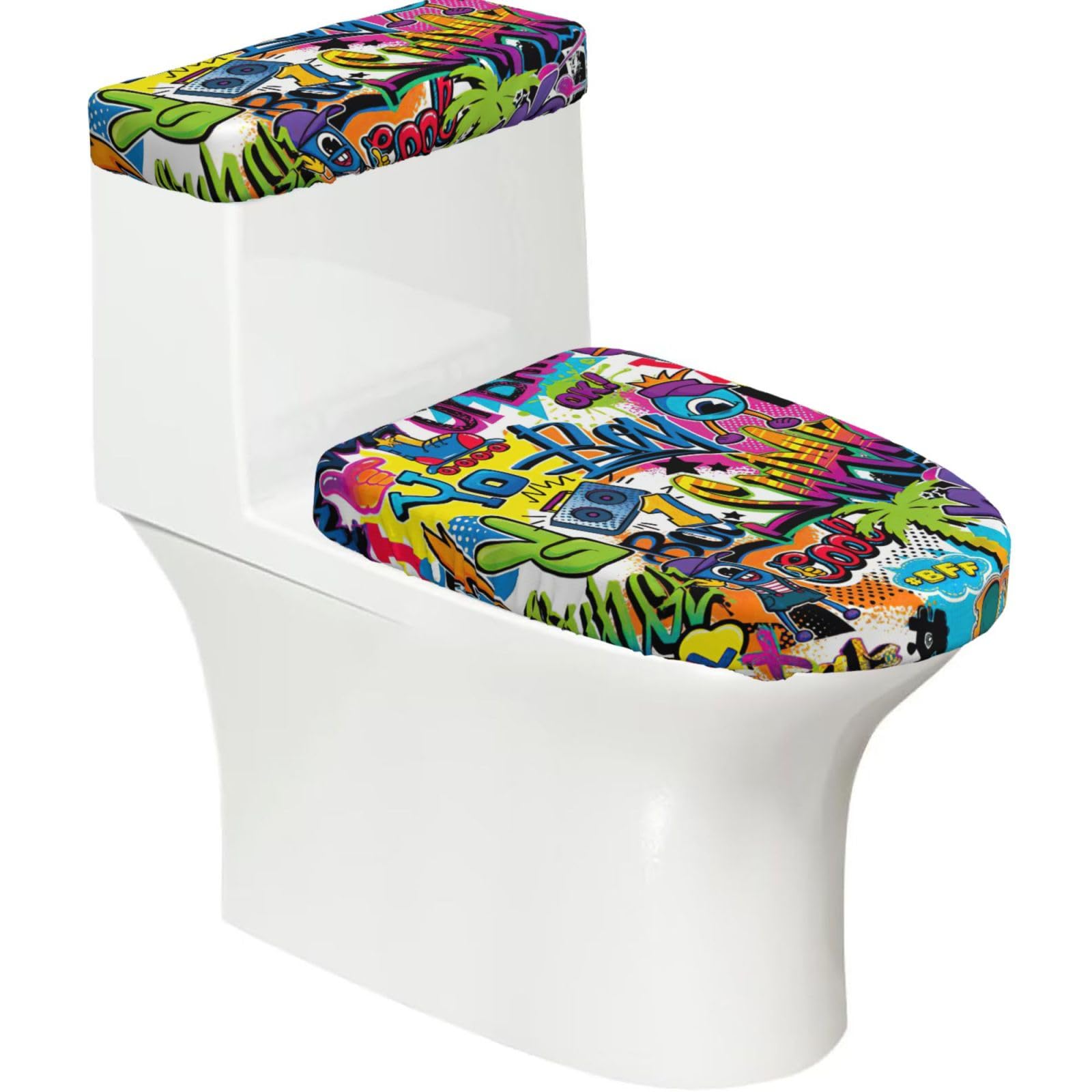 Colorful Graffiti Pattern Printed Toilet Tank and Lid Cover Set of 2 for Most Bathrooms, Fits Elongated Round Toilets