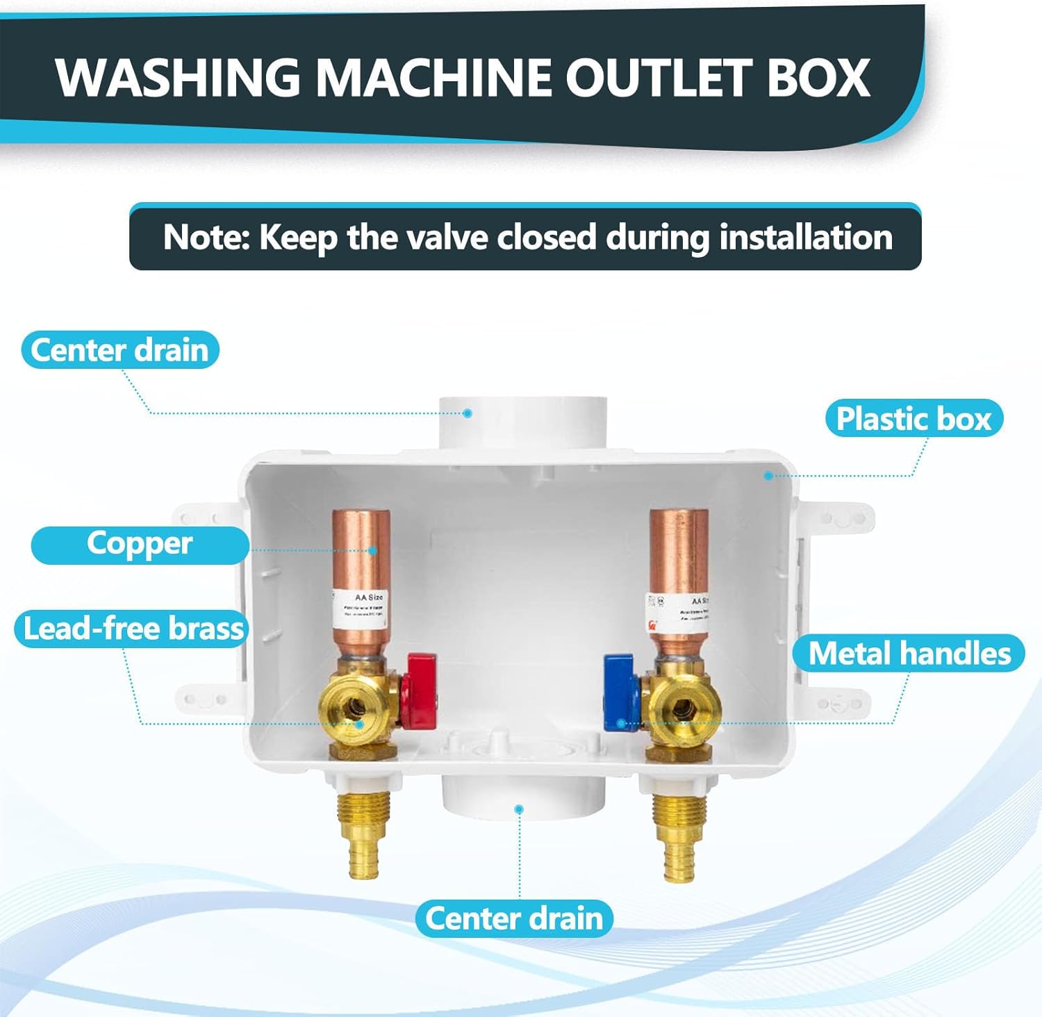 Washing Machine Outlet Box, Center Drain, 1/2 Inch Pex Crimp Inlet x 3/4 Inch MHT Outlet Connection, Laundry Washer Valve Outlet Box, with Copper Water Hammer Arrestor