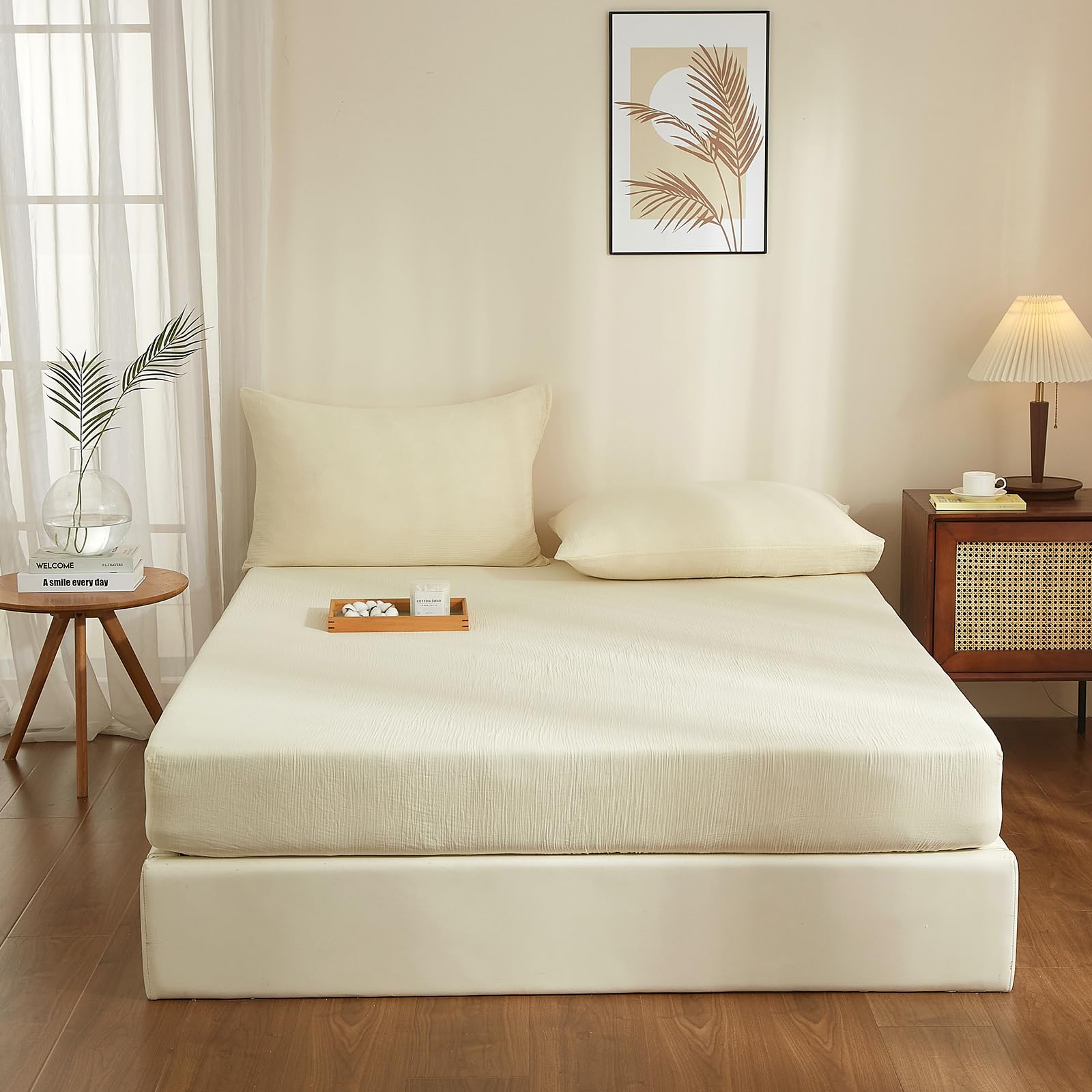 Boqingzhu Sábana bajera ajustable de algodón de muselina, 140 x 200 cm, color crema y blanco, transpirable, suave, con certificado Oeko-Tex, para colchón de 25 a 30 cm