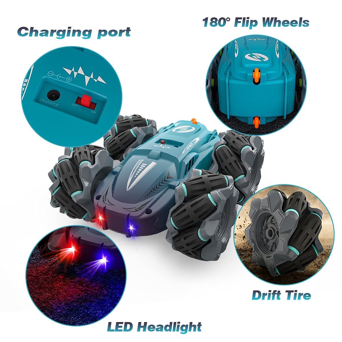 Remote Control Car for Boys, 4WD Double Sided Stunt RC Cars 360° Rotating 45°Drift & Lateral