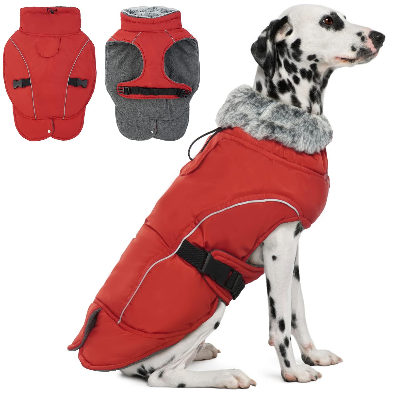 DENTRUN Dog Winter Vest, Dog Coat for Cold Weather, Dog Fleece Coat, Dog Waterproof Coat, Dog Jacket with Harness Hole, Dog Winter Clothes(Red,XL)