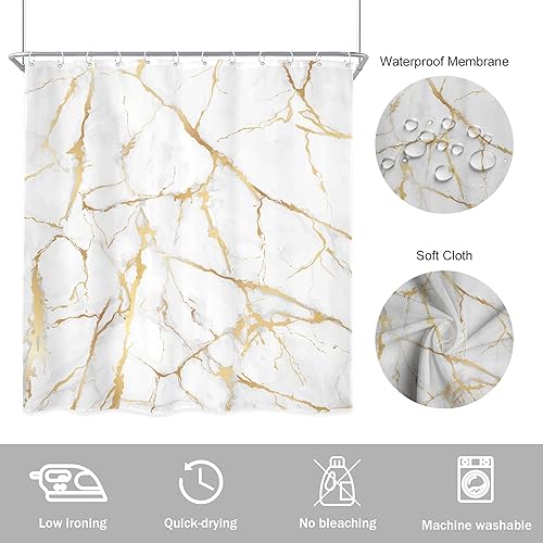 Miniatura 5 de Newsely Cortina de ducha abstracta de mármol blanco dorado de 72 pulgadas de ancho x 72 pulgadas de alto, línea de grieta moderna, textura de lujo,