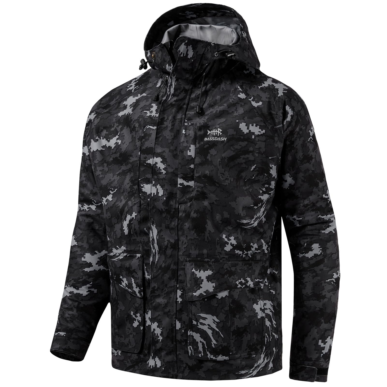 BASSDASH Walker-LW Breathable Waterproof Fishing Hunting Wading Jackets with Silent Outer Fabric for Men Women, Night Digital Camo, S