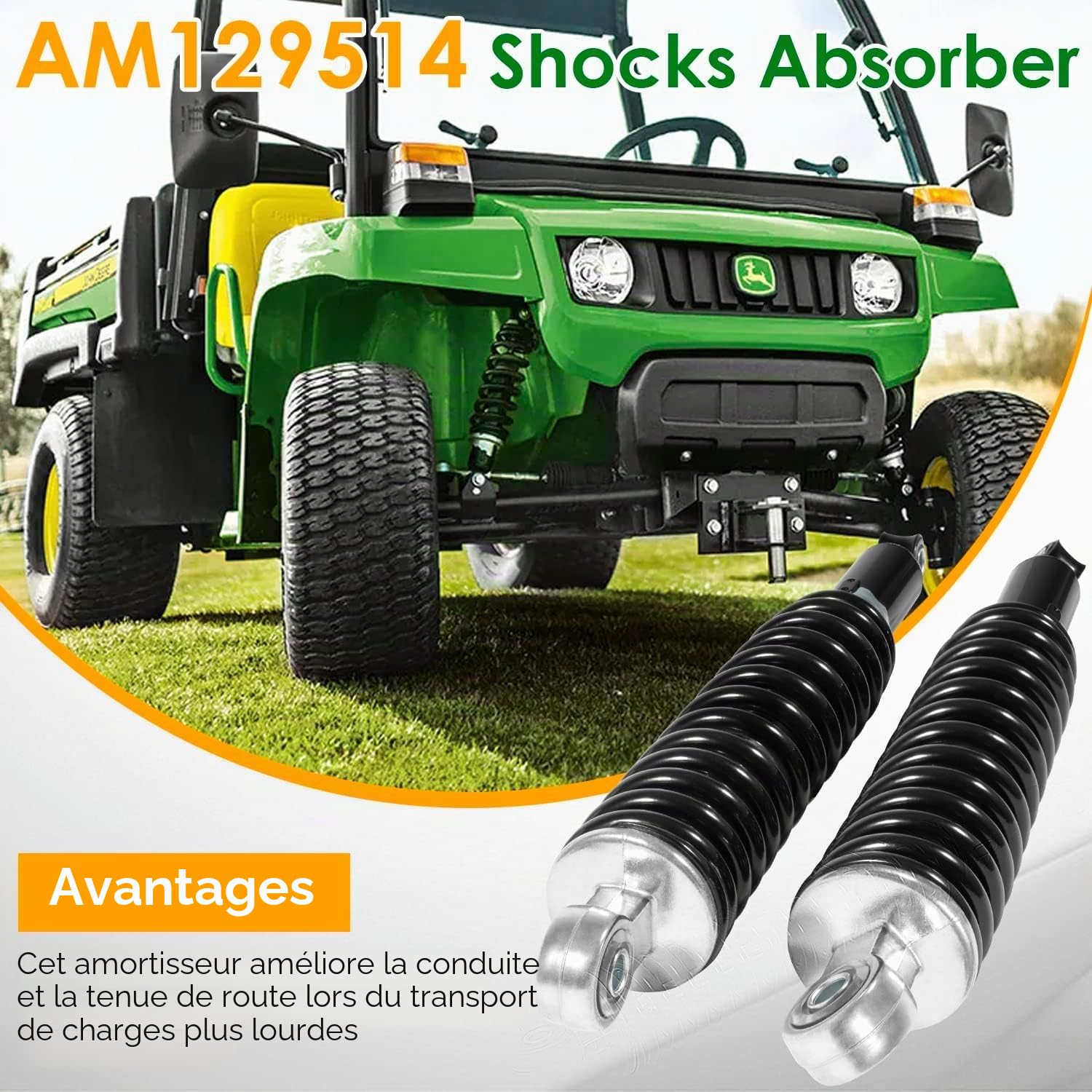 AM129514 Kit de suspension de roue avant d'amortisseur compatible avec John Deere Gator 4X2 6X4 TE TH TS TX Véhicules utilitaires de pelouse Amortisseur avant gauche et droit Ressort à vis